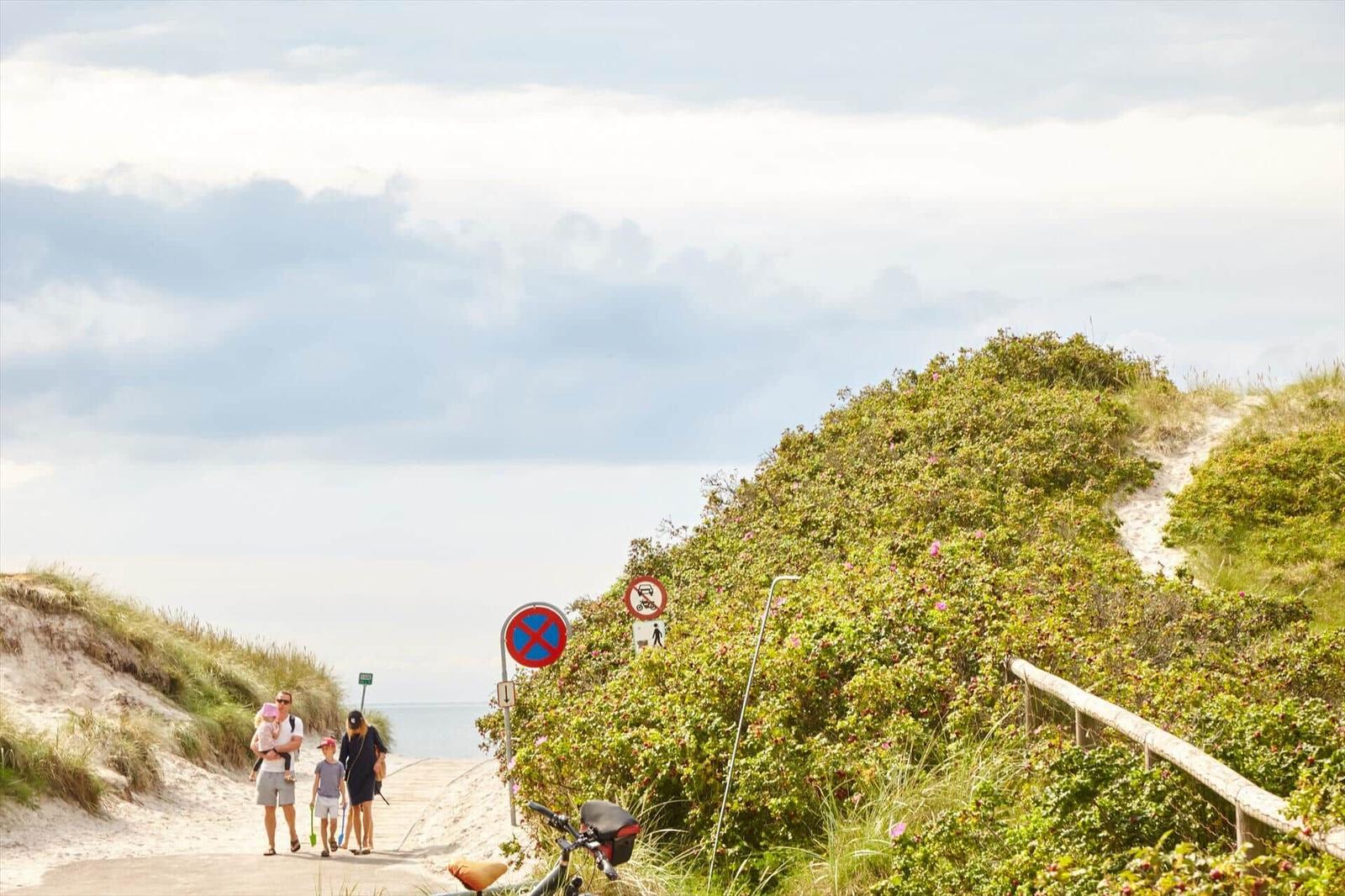 Family walks along dune path to sea promenade. Bicycle and traffic signs are visible.