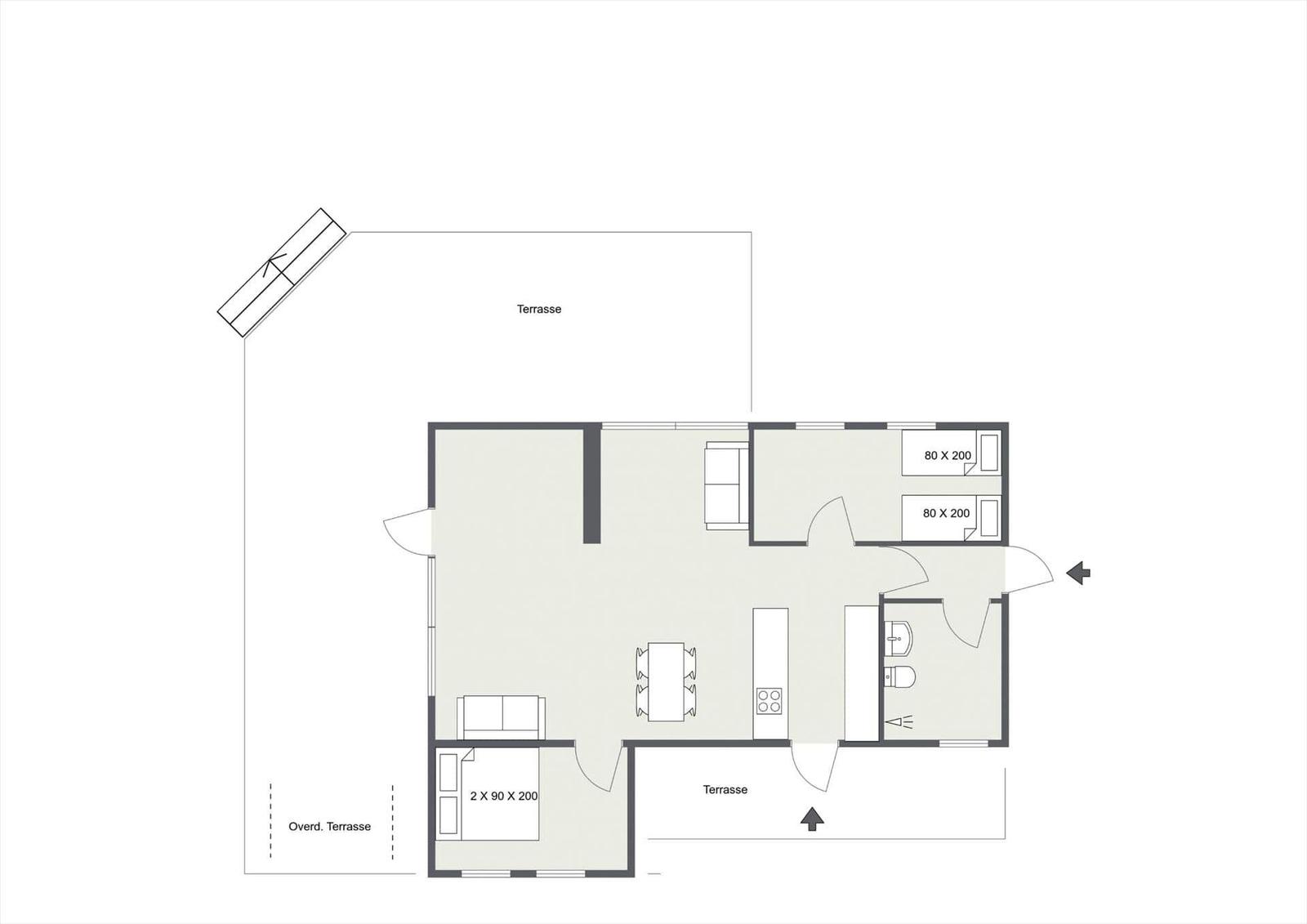 Apartment with two bedrooms, kitchen, bathroom, and terrace.