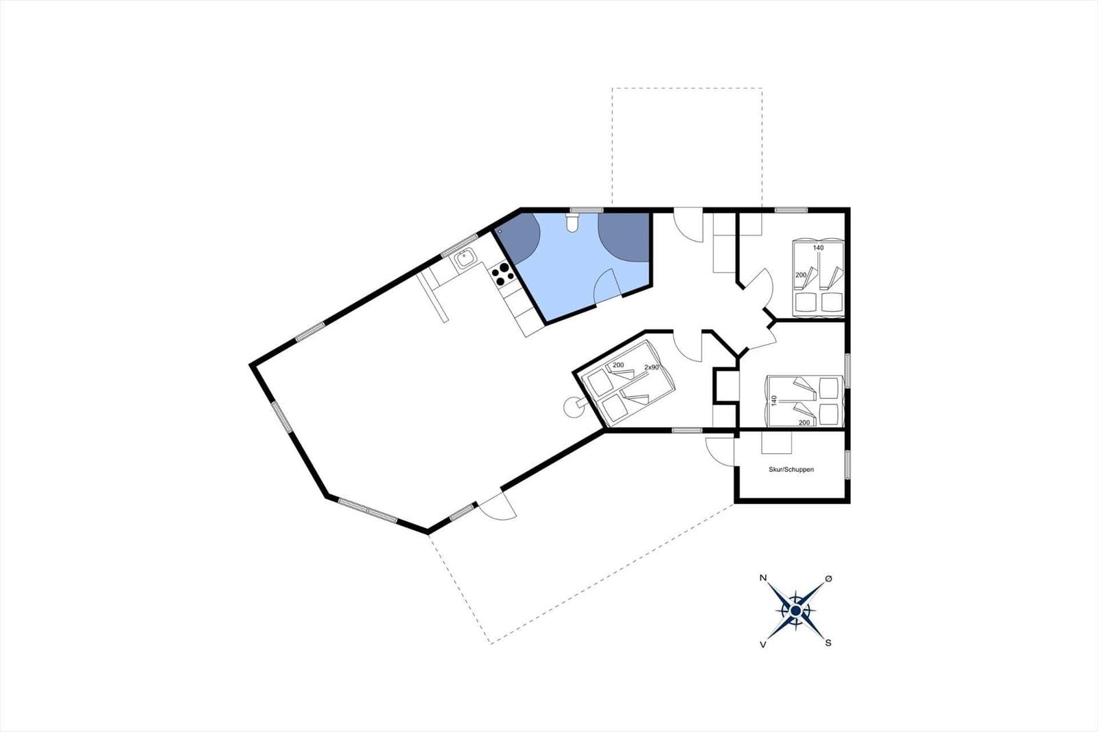 Apartment with kitchen, bathroom, two bedrooms, and garage.