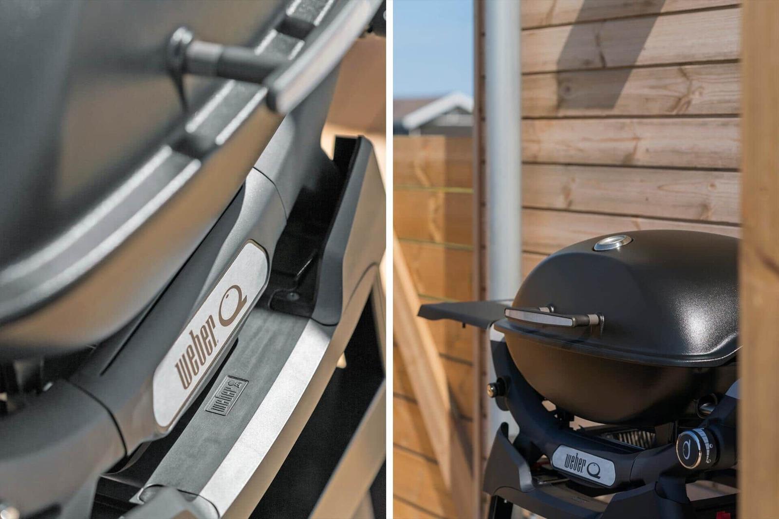 Weber-Q-Grill auf Terrasse neben Holzwand