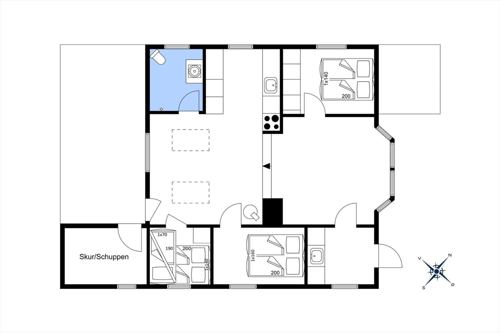 Apartment with two bedrooms, kitchen, and bathroom. Outdoor area with garage.