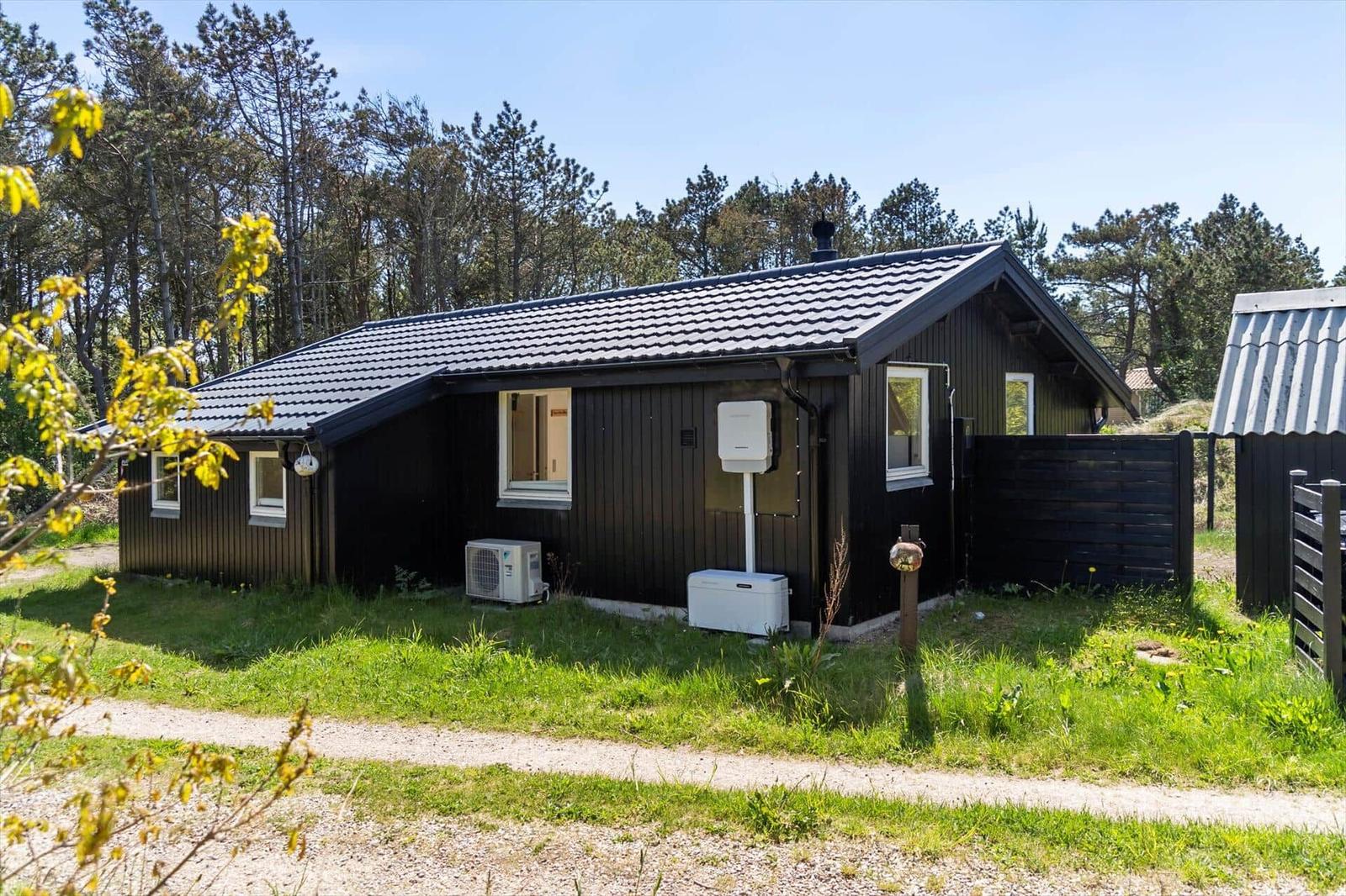 Ein dunkles Holzhaus mit Dach und Fenstern steht im Gras vor einem Wald.