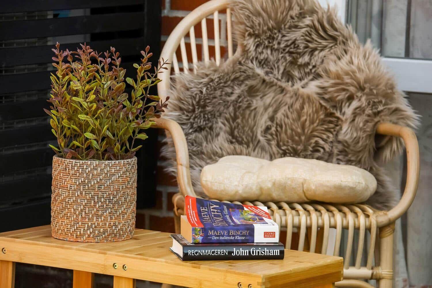 Rattan-Stuhl mit Felldecke und Kissen. Holztisch mit Pflanze und zwei Büchern.