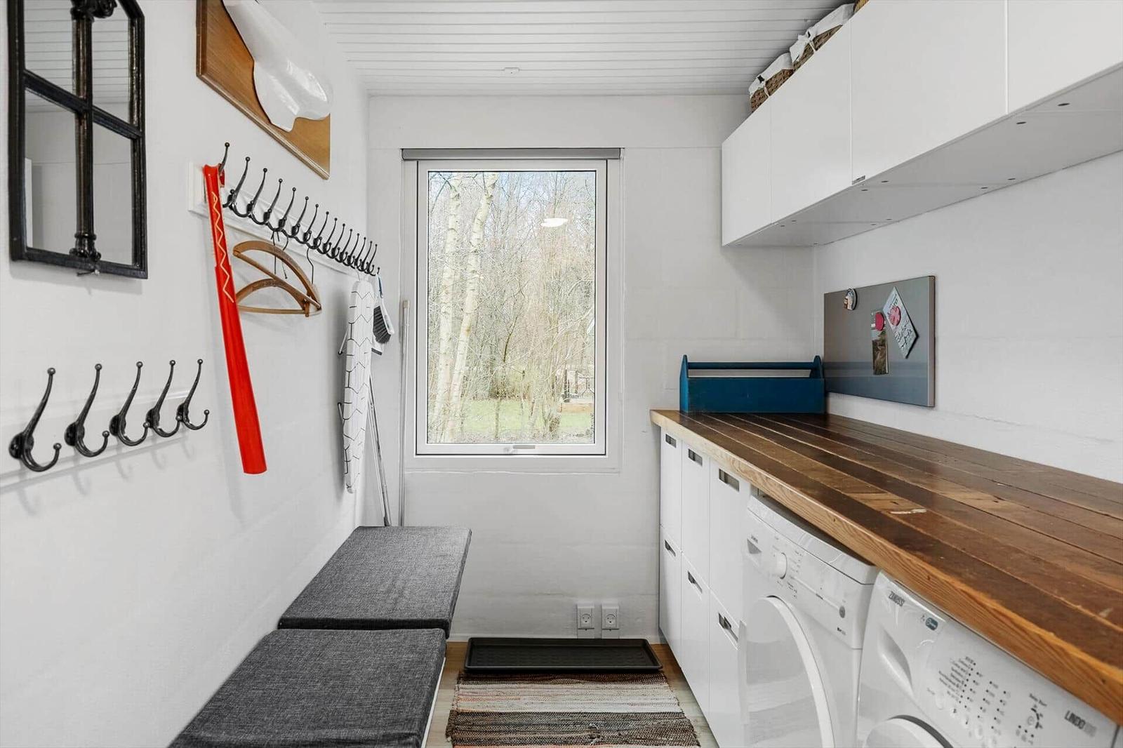 Laundry room with window, coat rack, and washing machine