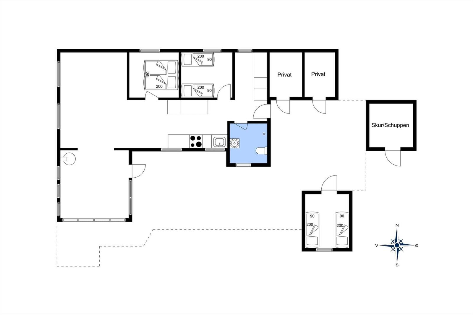 Apartment with kitchen, bathroom, bedrooms, and private areas.