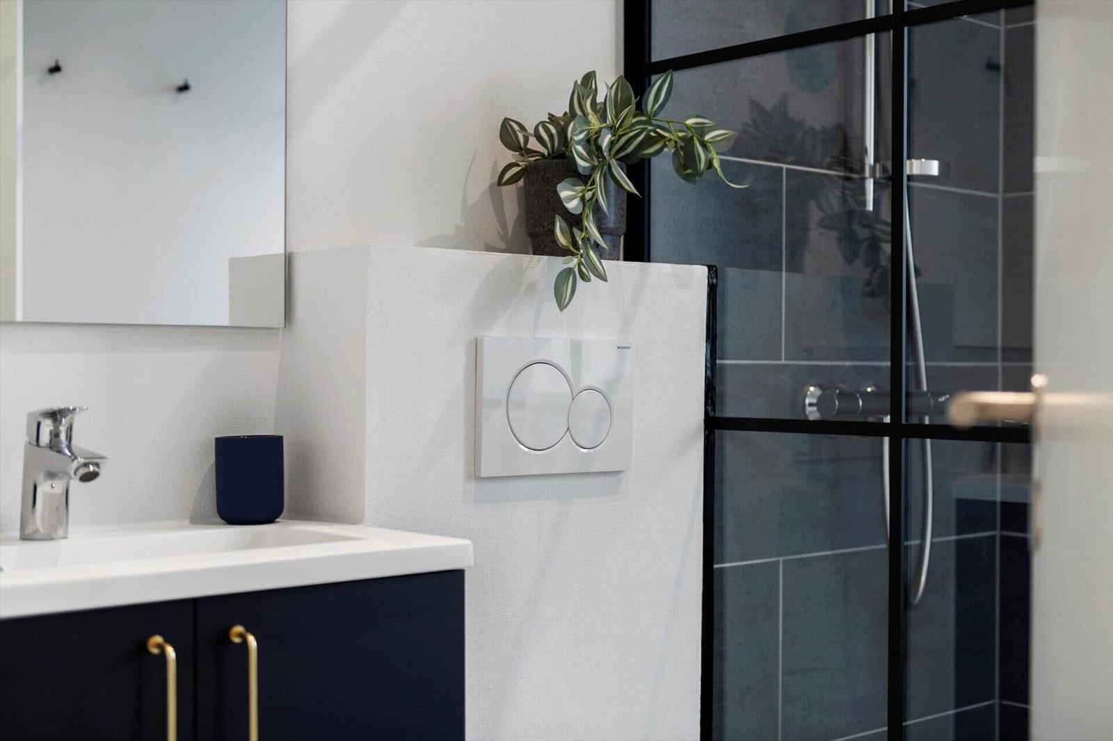 Bad mit Waschbecken, Spiegel, Pflanze und Dusche mit Glaswand.