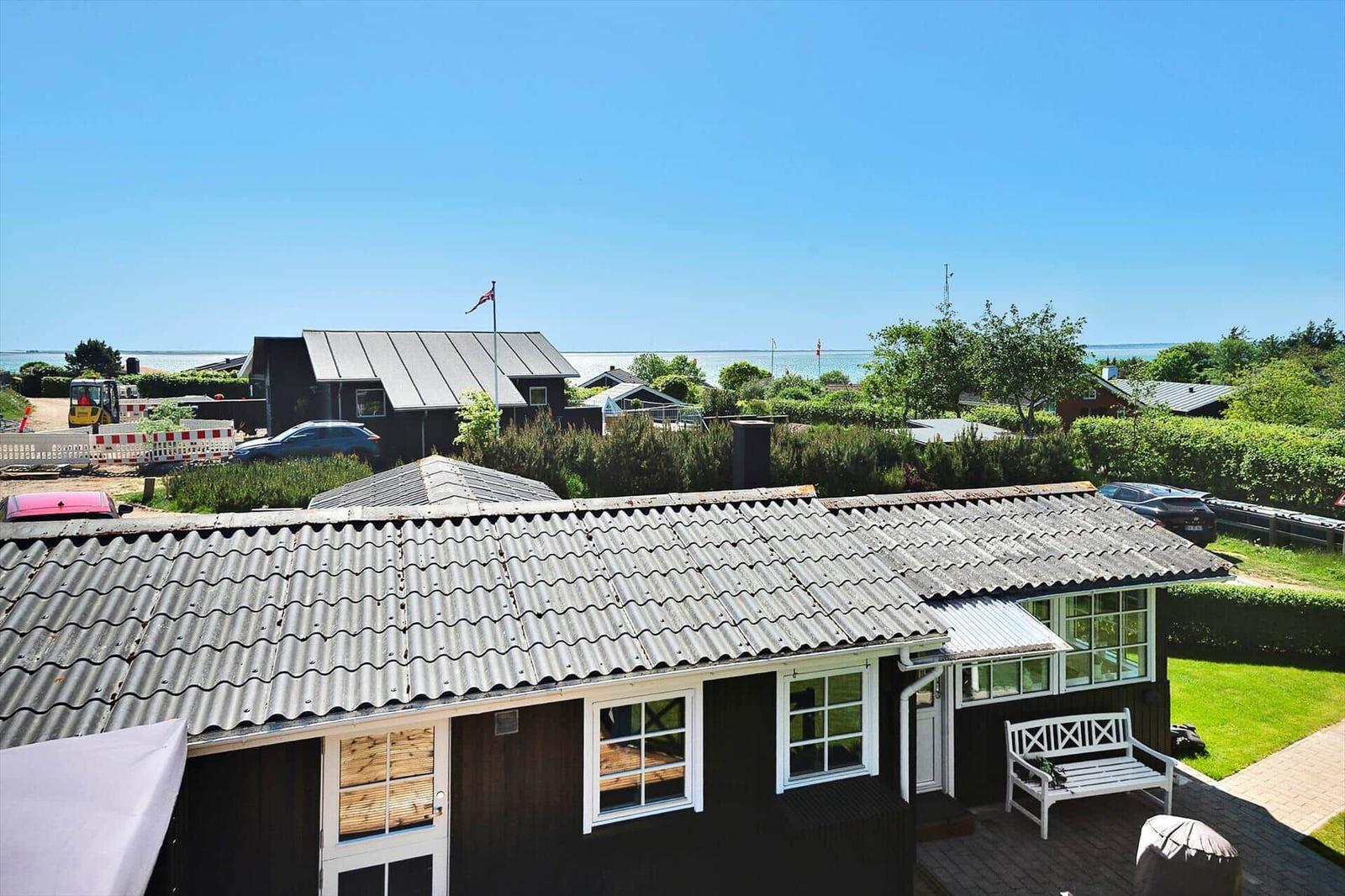Schwarze Hütte mit weißem Fensterrahmen und Terrasse. Blick auf Meer und Strand.