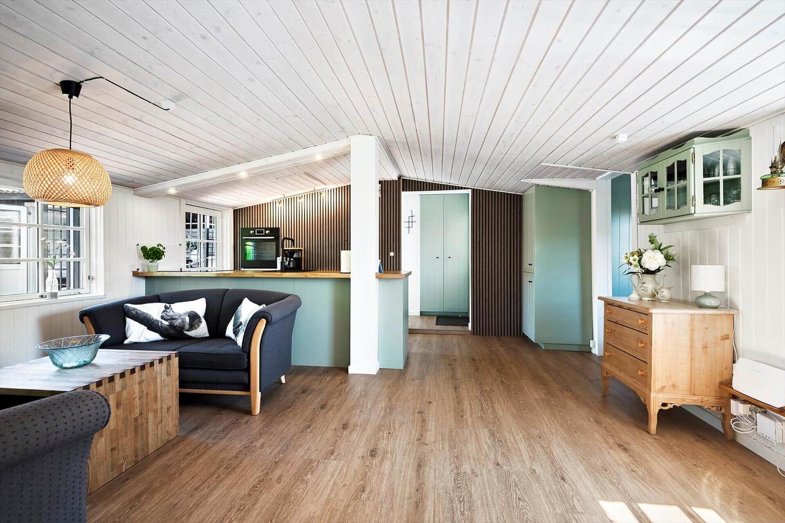Wohnbereich mit Sofa, Küchenzeile und Holzboden. Decke mit weißen Streifen.