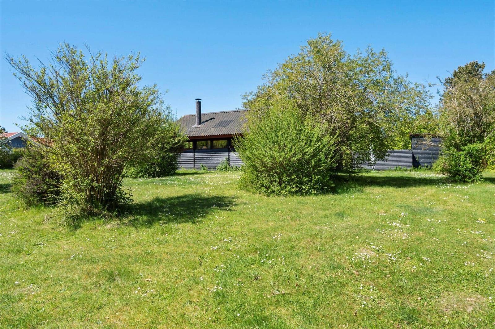 House with garden, trees, and clear sky.