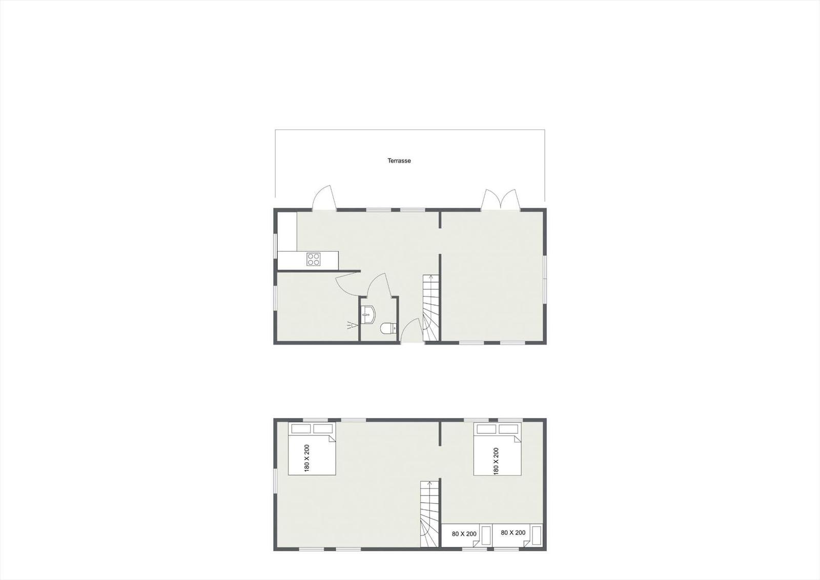 Upper floor with terrace, kitchen, and bathroom. Lower floor with two bedrooms and bathroom.