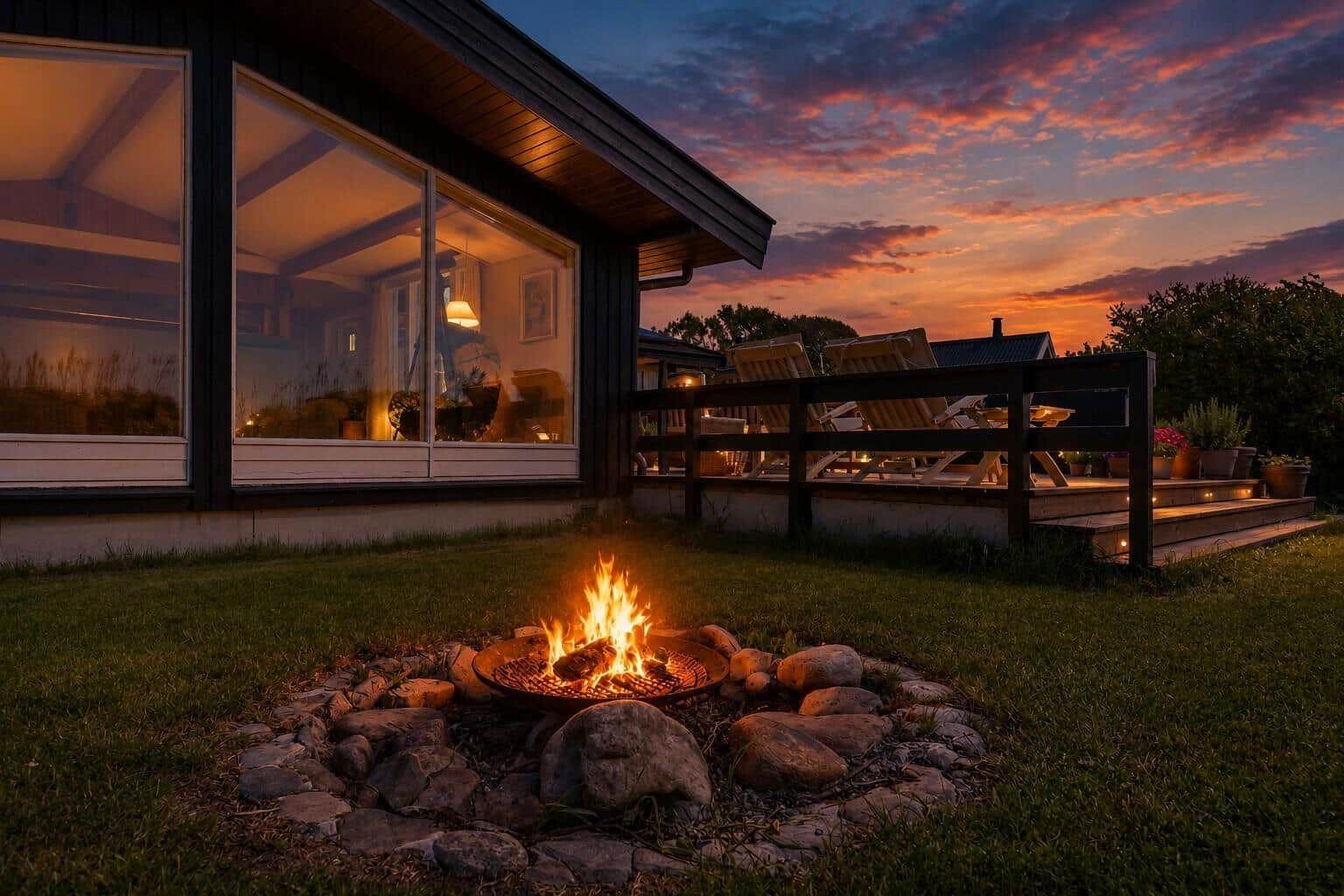 Haus mit Außenbereich, Feuerkorb und Terrasse bei Sonnenuntergang.