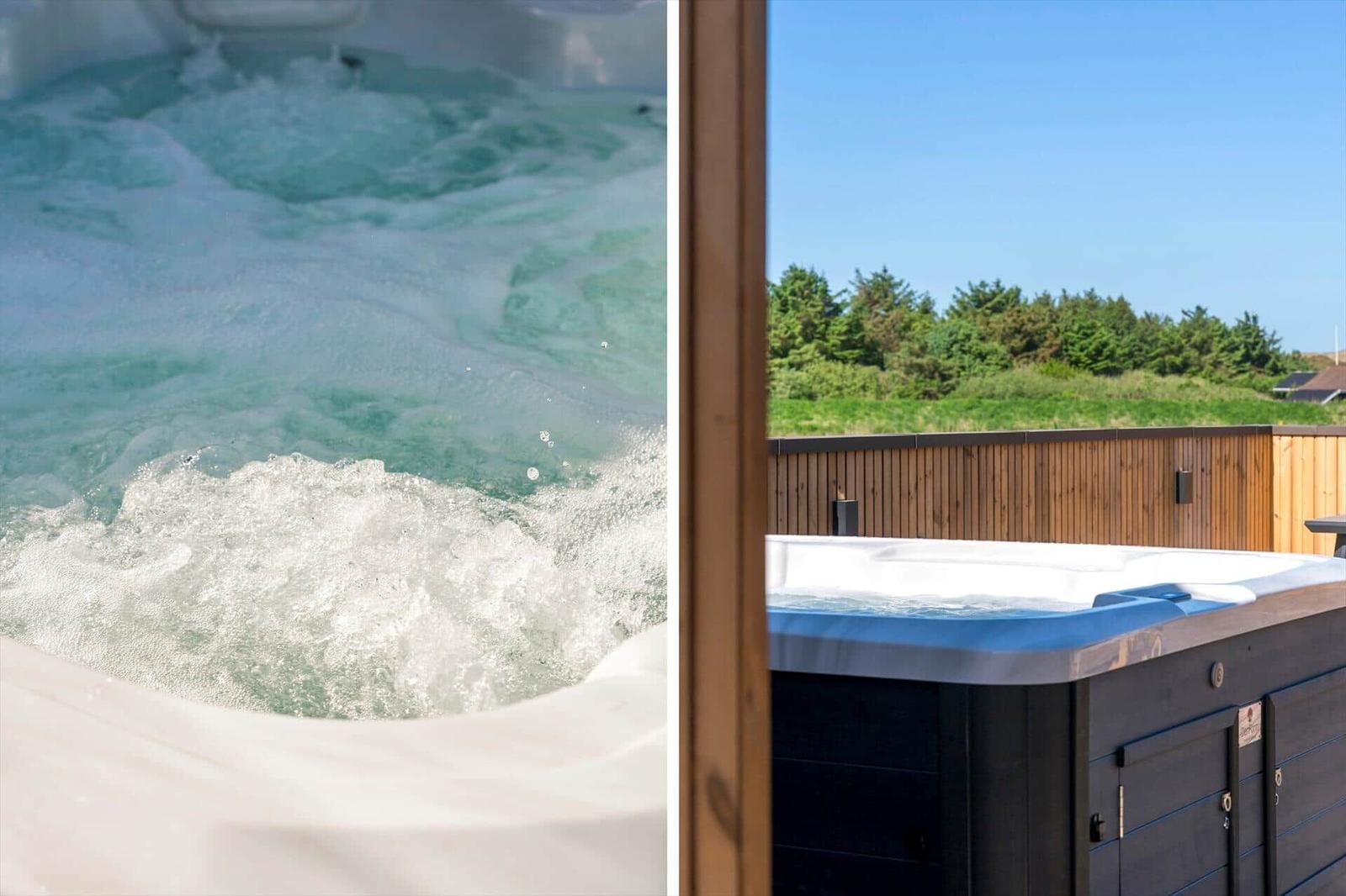 Ein Whirlpool mit sprudelndem Wasser und Blick auf eine grüne Landschaft.