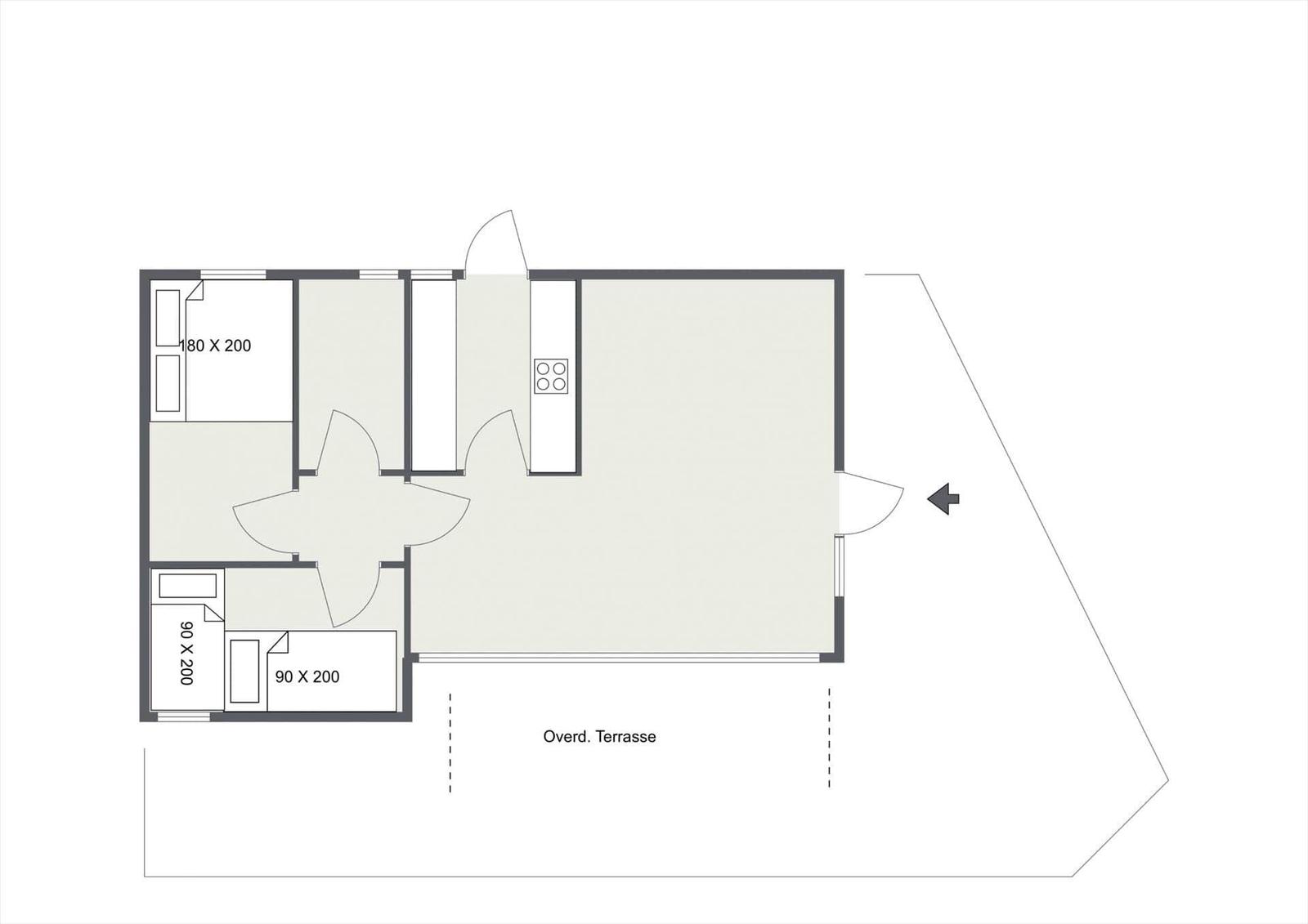 Wohnung mit Küche, Schlafzimmer und Terrasse. Maße sind eingezeichnet.