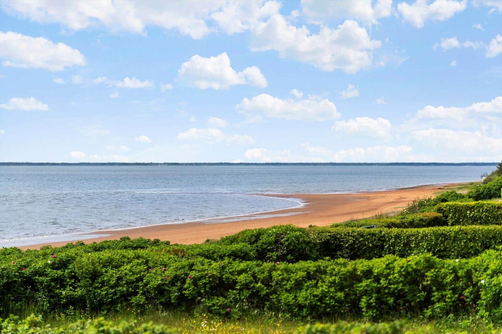 Strand mit Sandufer und grüner Vegetation unter blauem Himmel mit weißen Wolken.
