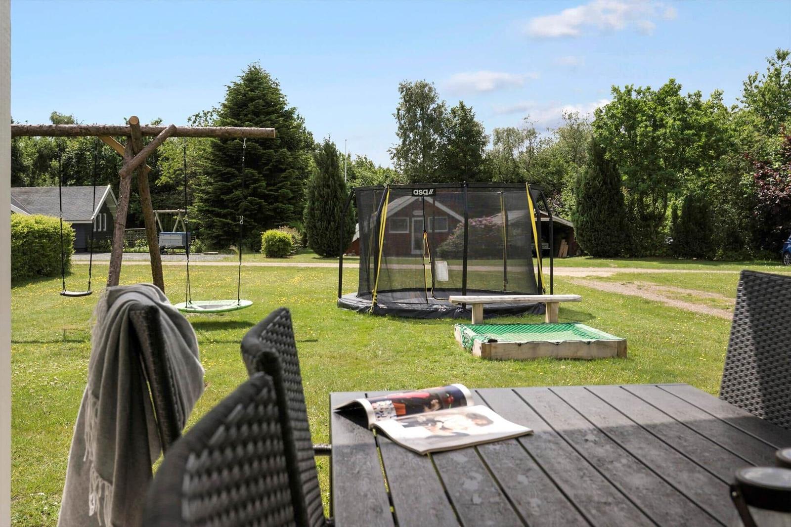 Garden with trampoline, swing, and table. Green lawn and trees in background.