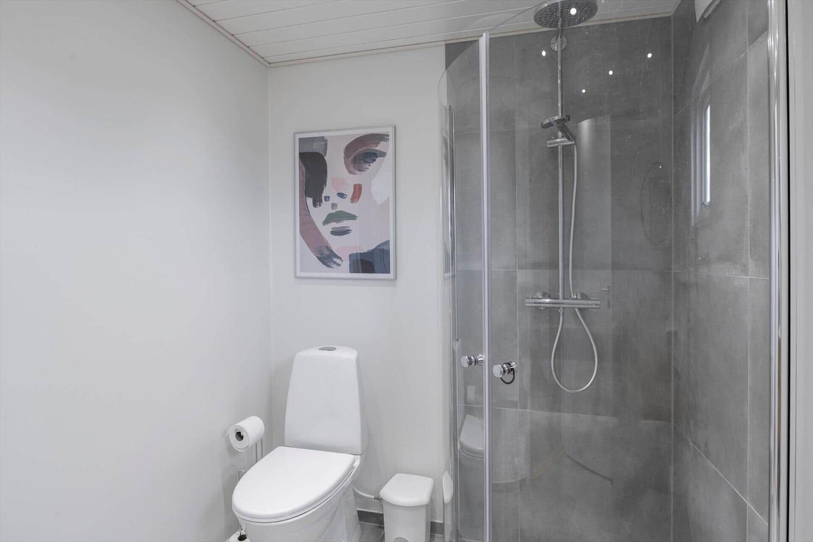 Badezimmer mit Dusche, Toilette und Wandbild.