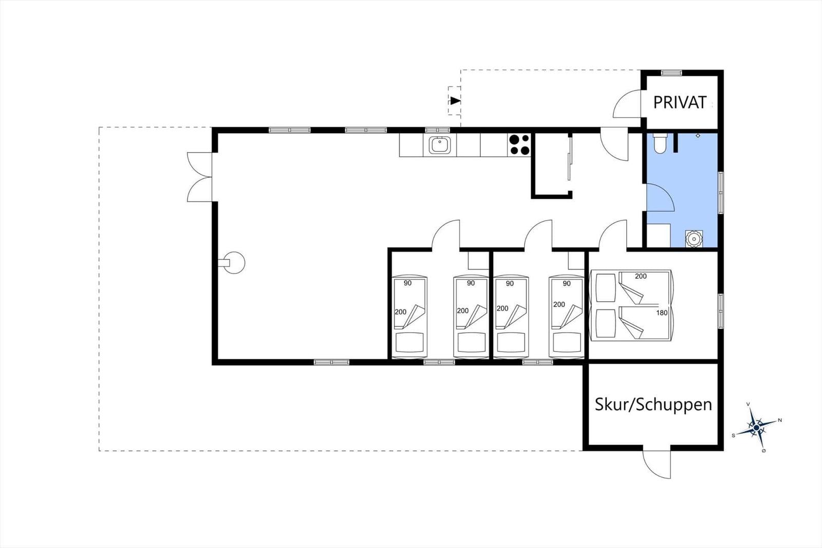 Wohnung mit vier Schlafzimmern, Küche und privatem Bad. Separate Garage vorhanden.