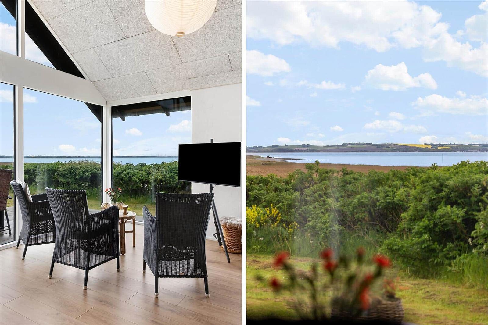 Living area with view of water and landscape