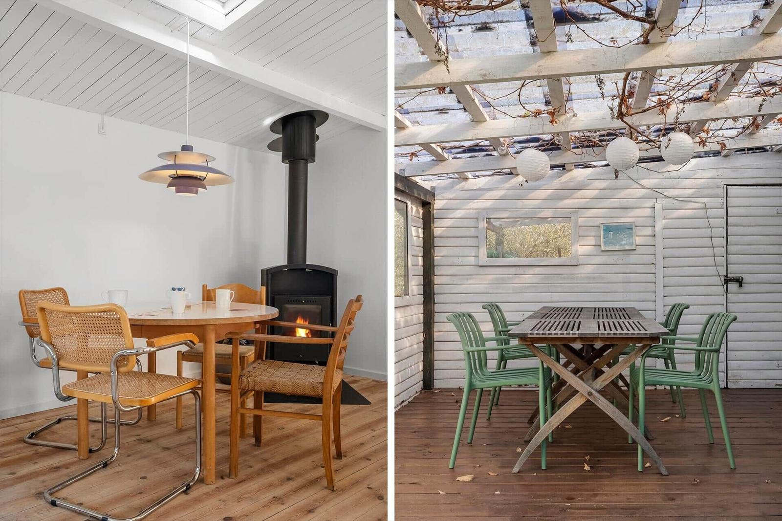 Indoor dining area with table, chairs, and fireplace. Outdoor area with table, chairs, and pergola.