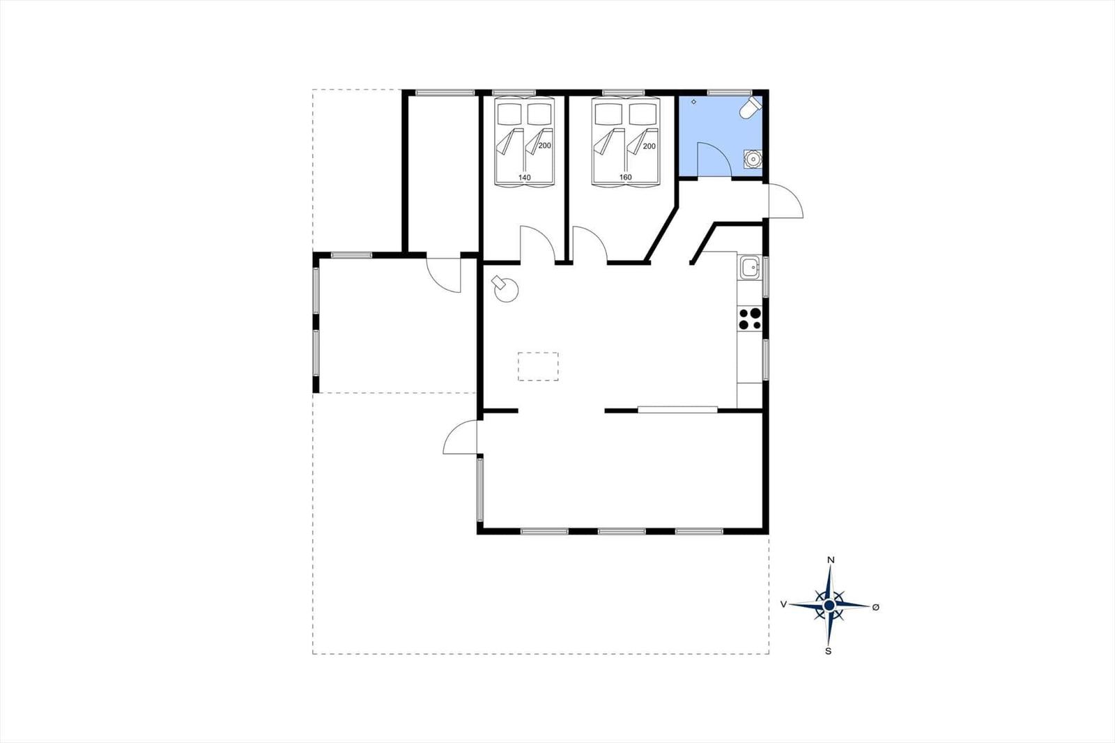 Two bedrooms, kitchen, and bathroom in the apartment.