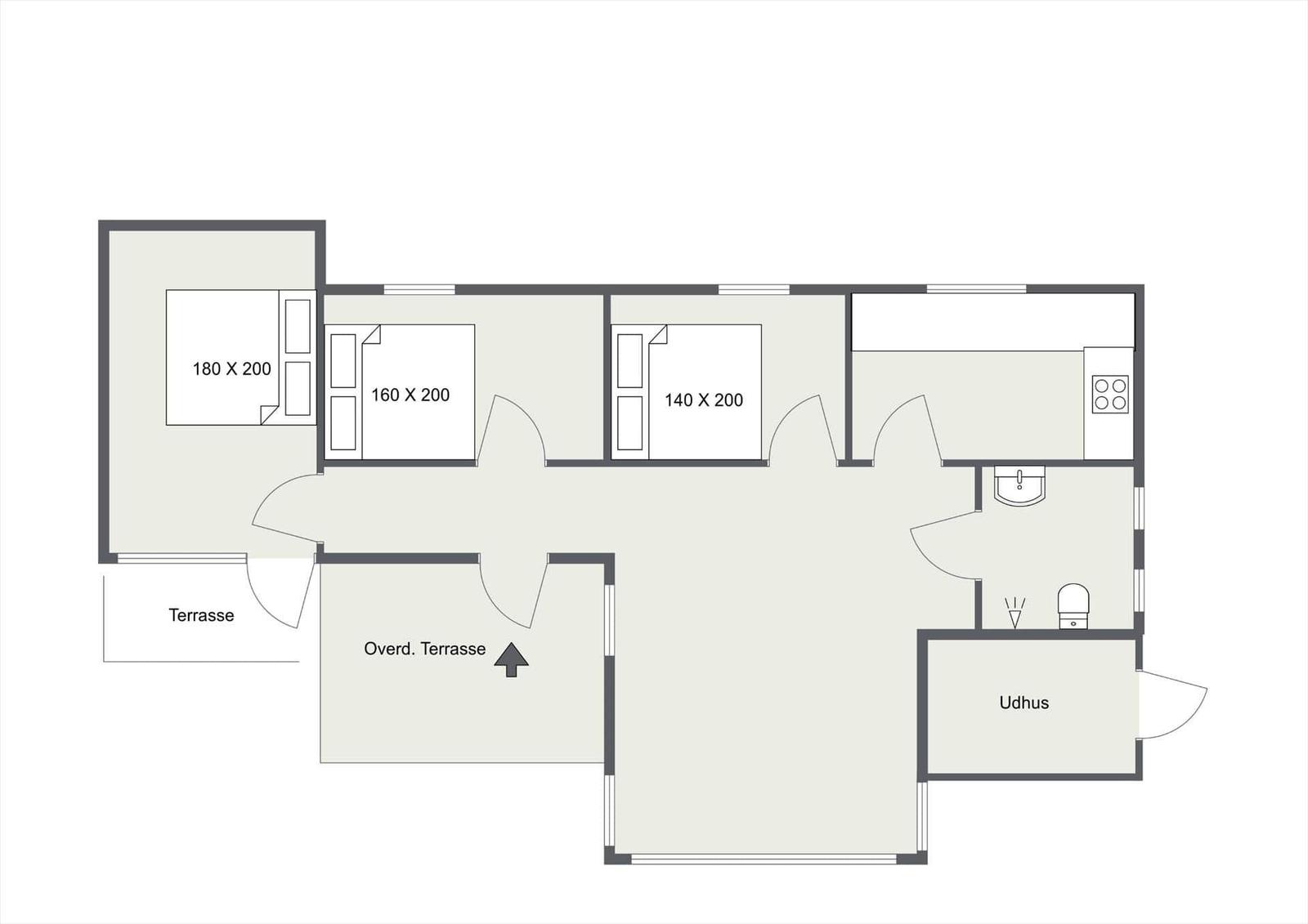 Wohnung mit drei Schlafzimmern, Küche, Bad und Terrassenbereich.