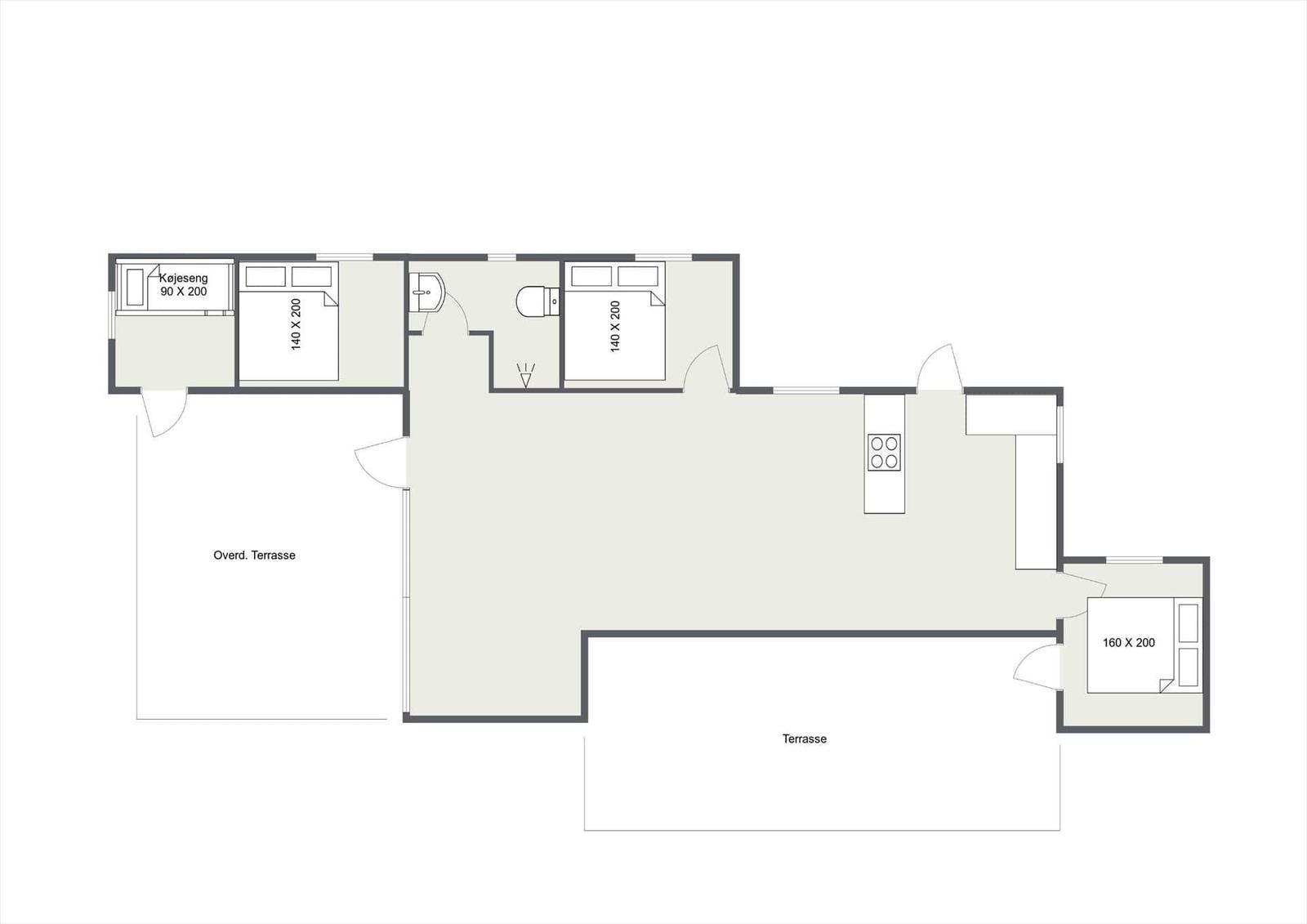 Apartment with three bedrooms, kitchen, and two terraces.
