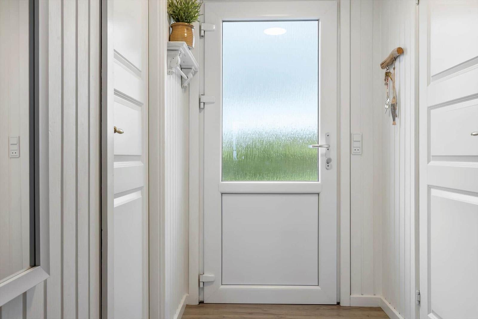 Entrance with white door and frosted glass. A key holder and a plant are on the wall.