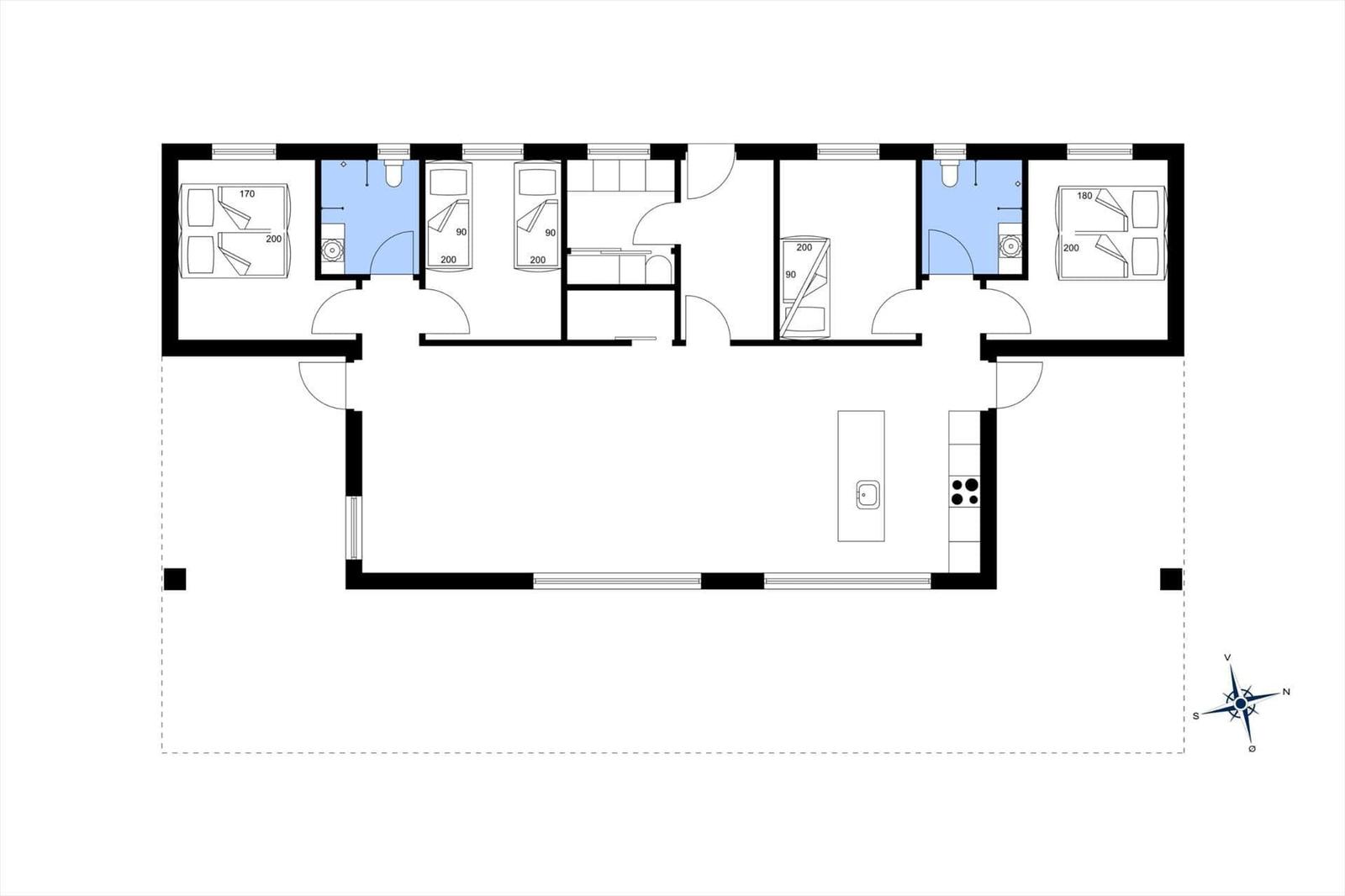 Dieses Grundrissbild zeigt eine Wohnung mit zwei Schlafzimmern, zwei Bädern und einer Küche.