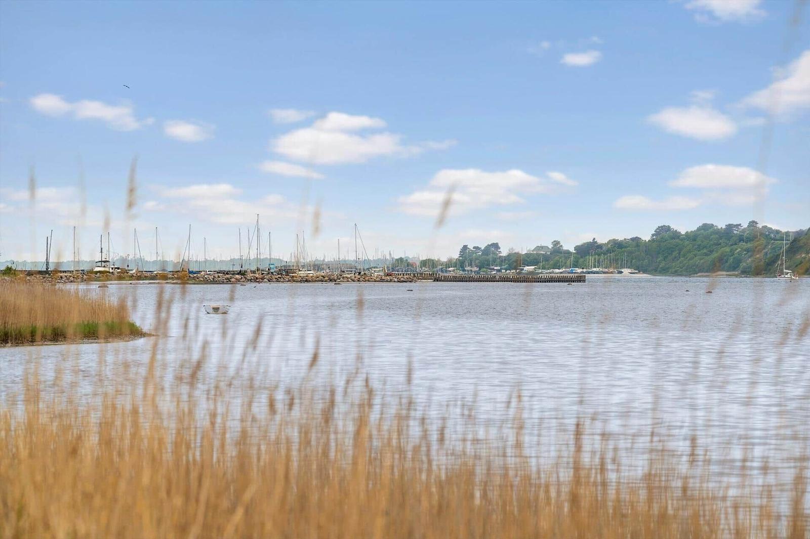 Wasseransicht mit Booten und Gras im Vordergrund unter blauem Himmel