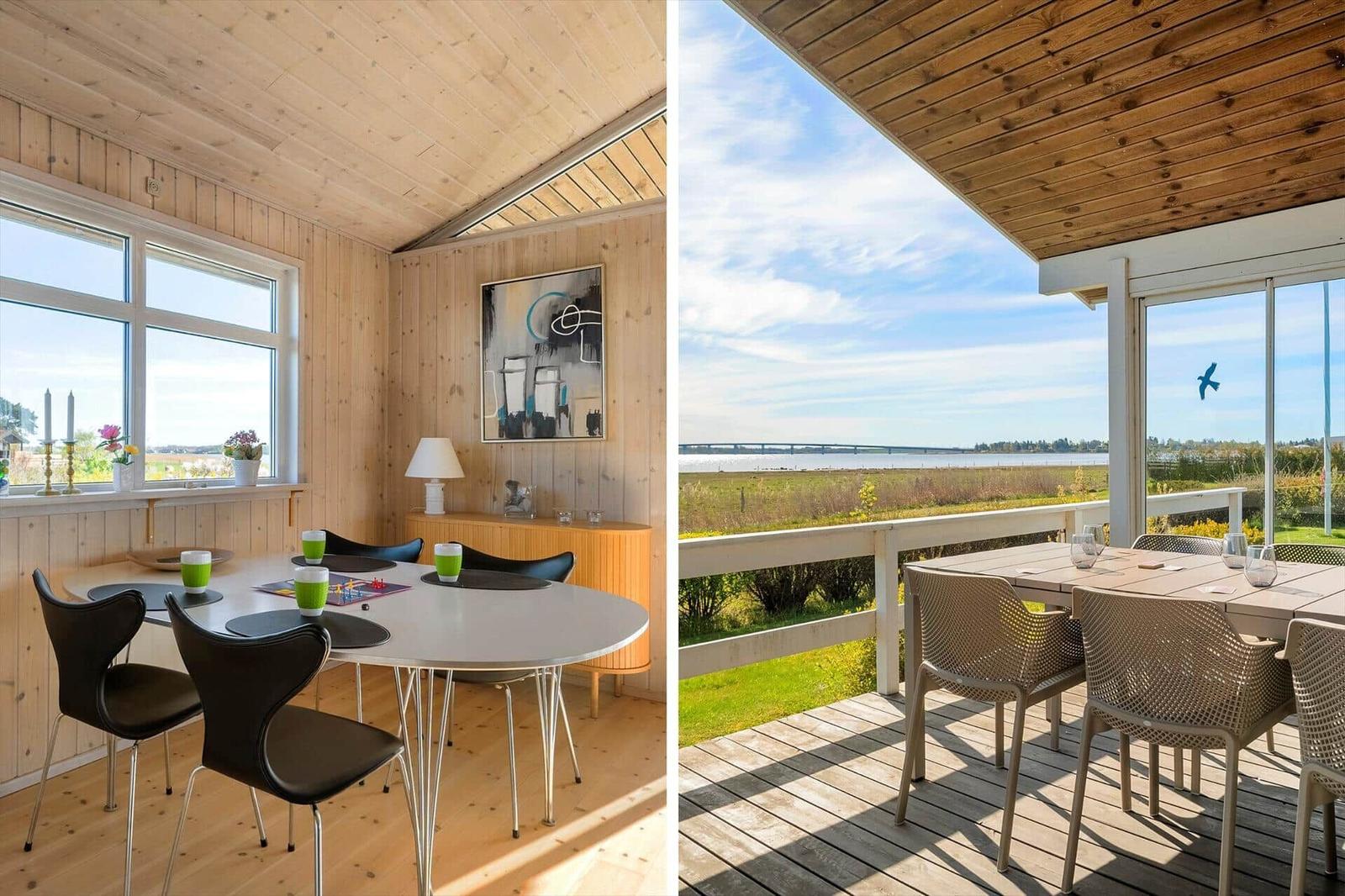 Indoor dining area with view. Outdoor patio with table and chairs overlooking the lake.