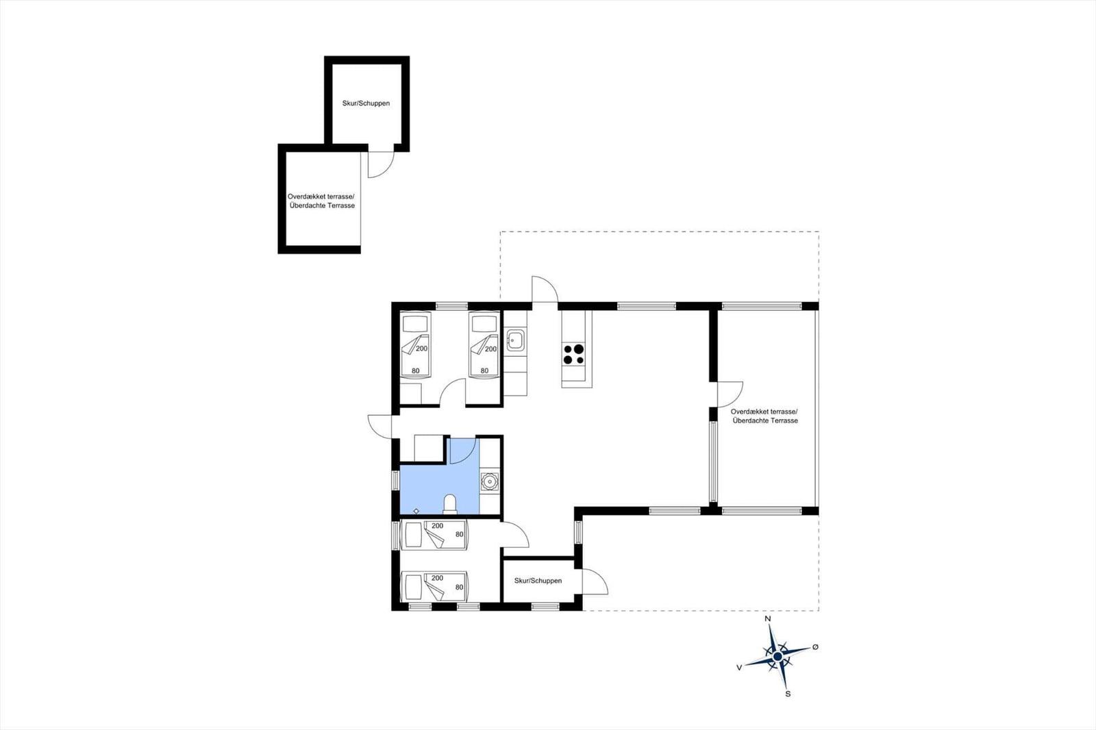 Apartment with two bedrooms, kitchen, bathroom, and covered terrace.