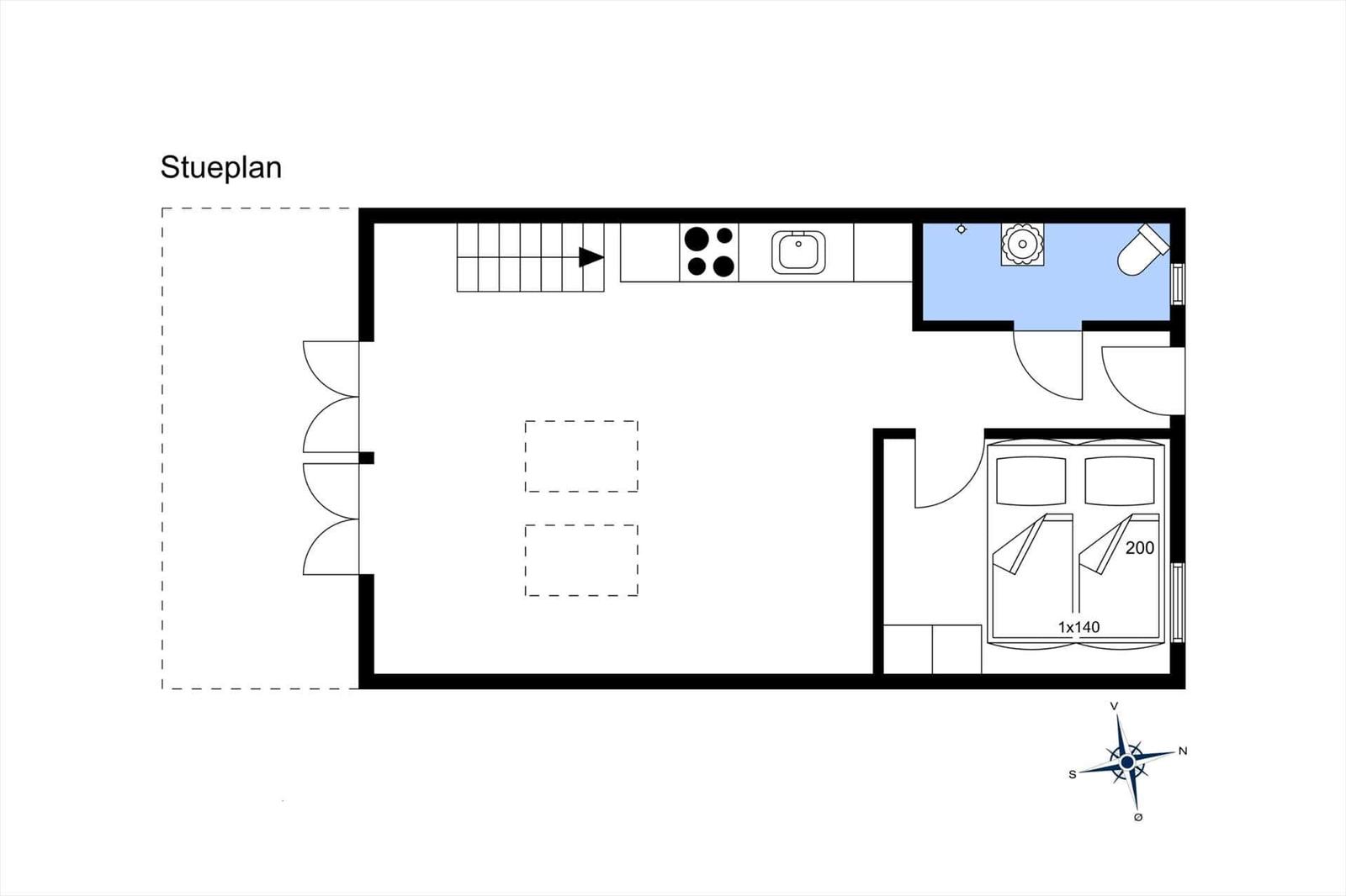 Floor plan shows kitchen, bedroom, and bathroom with dimensions.