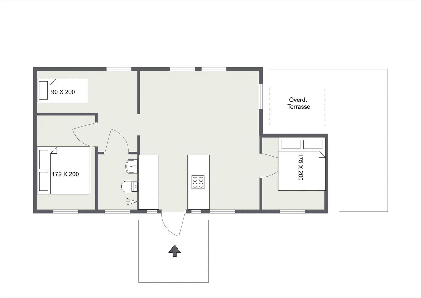 Apartment with kitchen, bathroom, two bedrooms, and covered terrace.