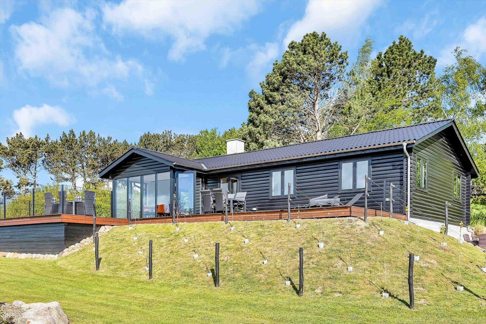 Modern log cabin with terrace and garden. View of forest and sky.