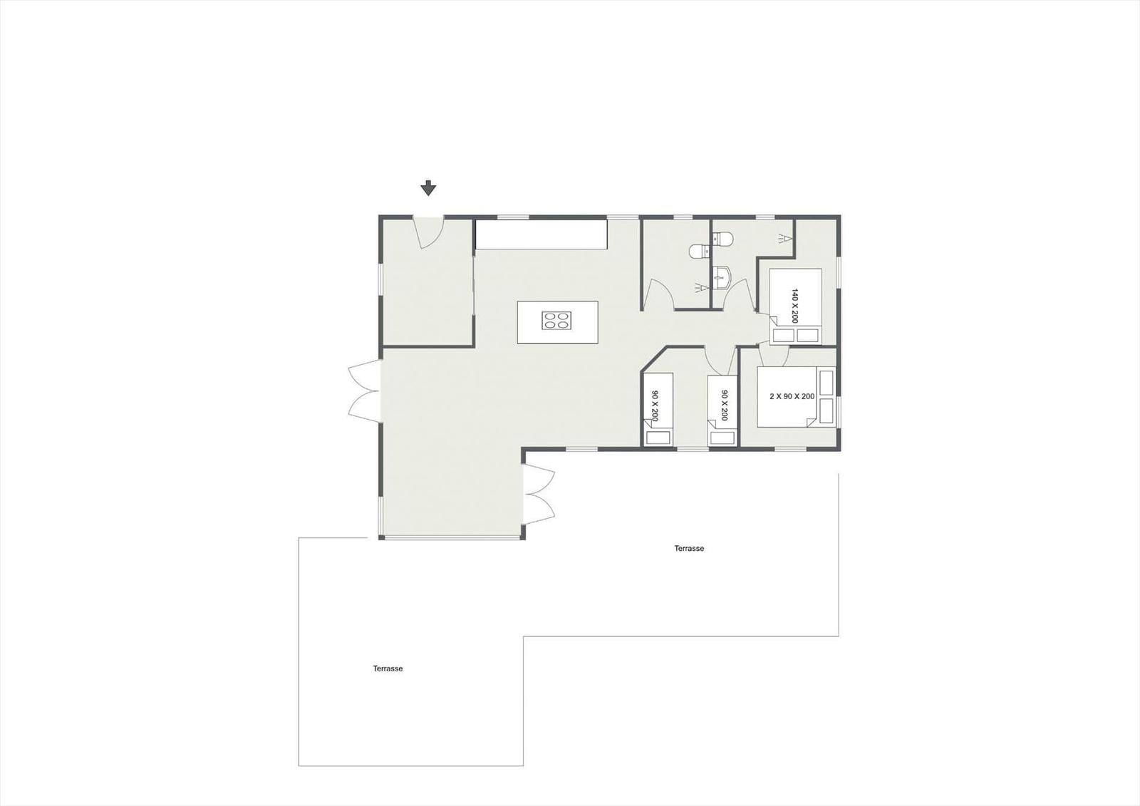 Apartment with two bedrooms, kitchen, and terrace.