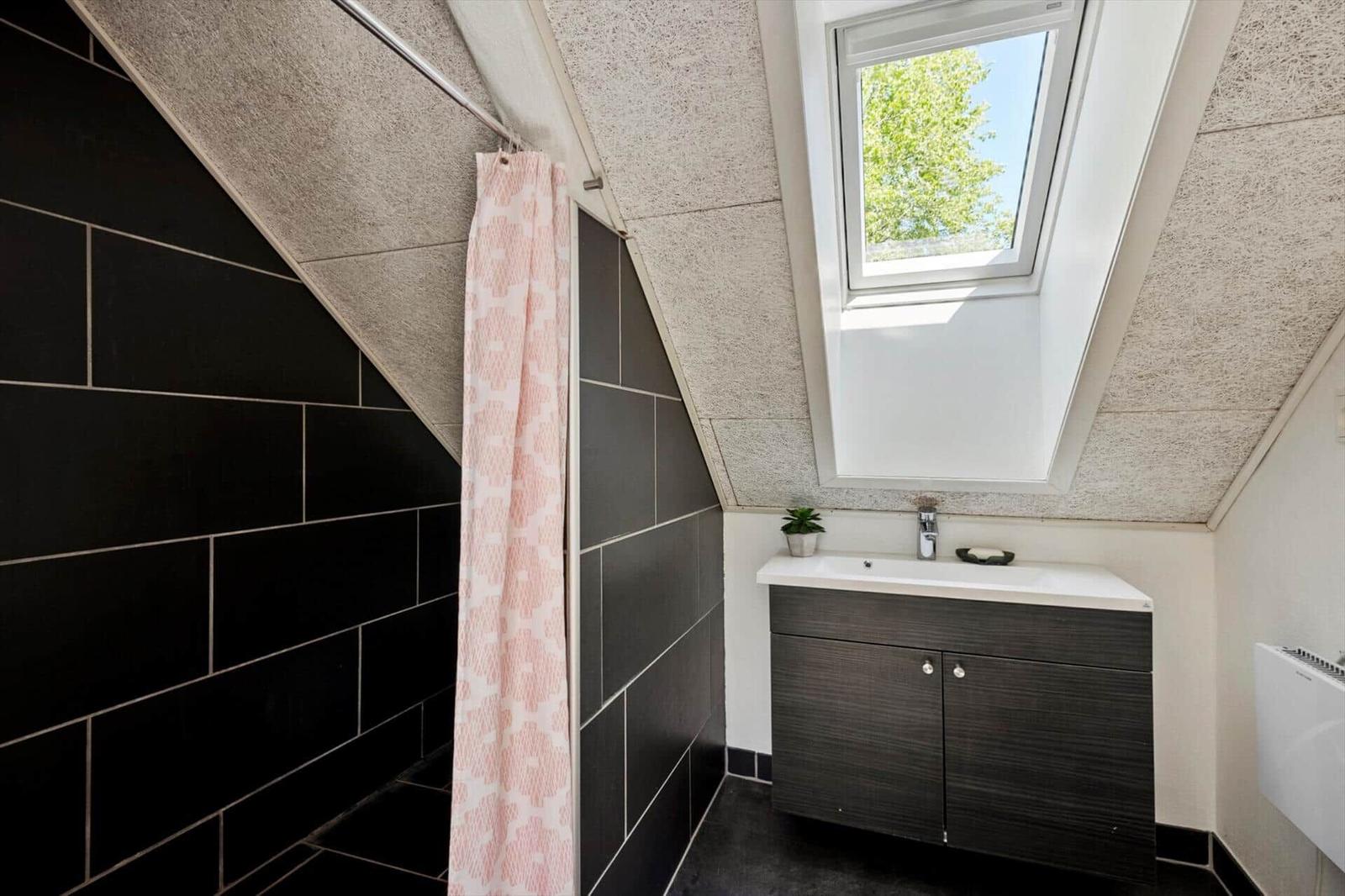 Badezimmer mit Dusche, Waschbecken und Dachfenster.