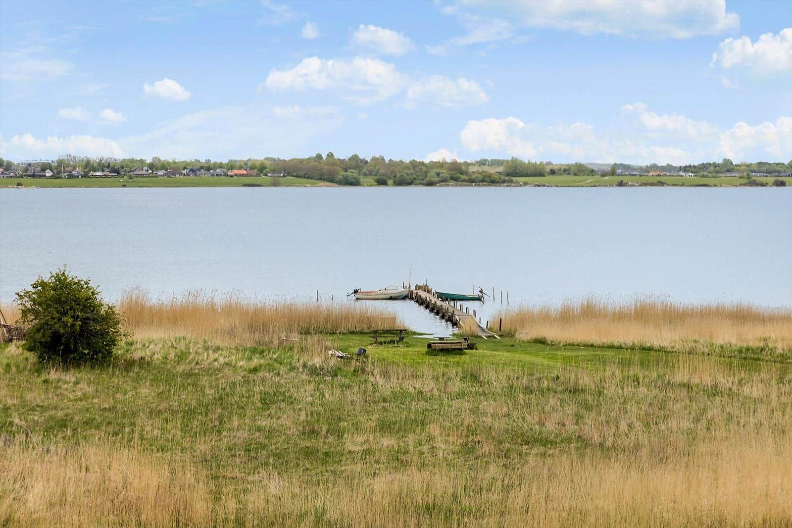Ein Bootssteg ragt in einen See hinein, umgeben von Gras und Bäumen.