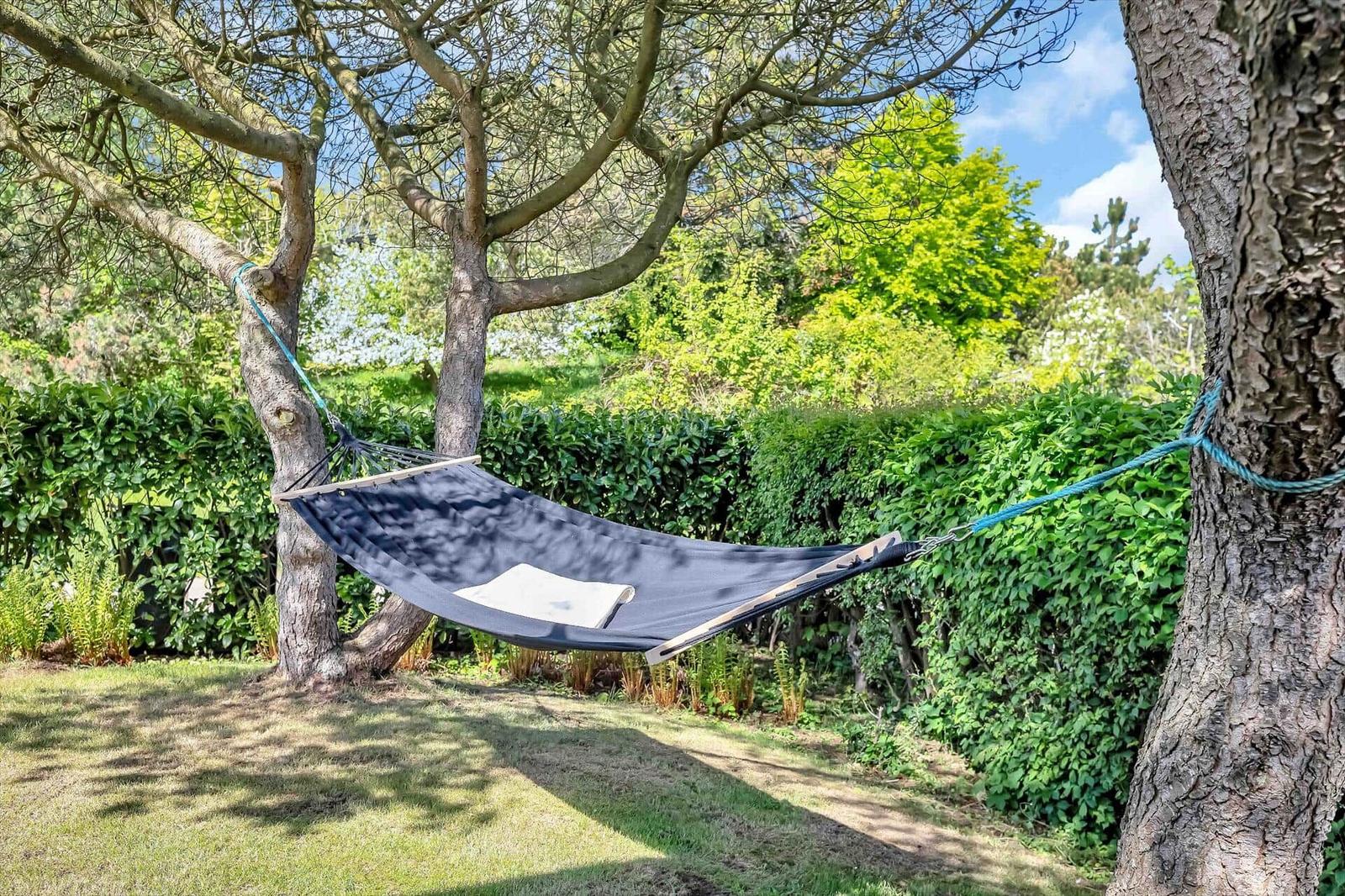 Schwarze Hängematte zwischen zwei Bäumen im Garten mit grüner Hecke und Rasen.
