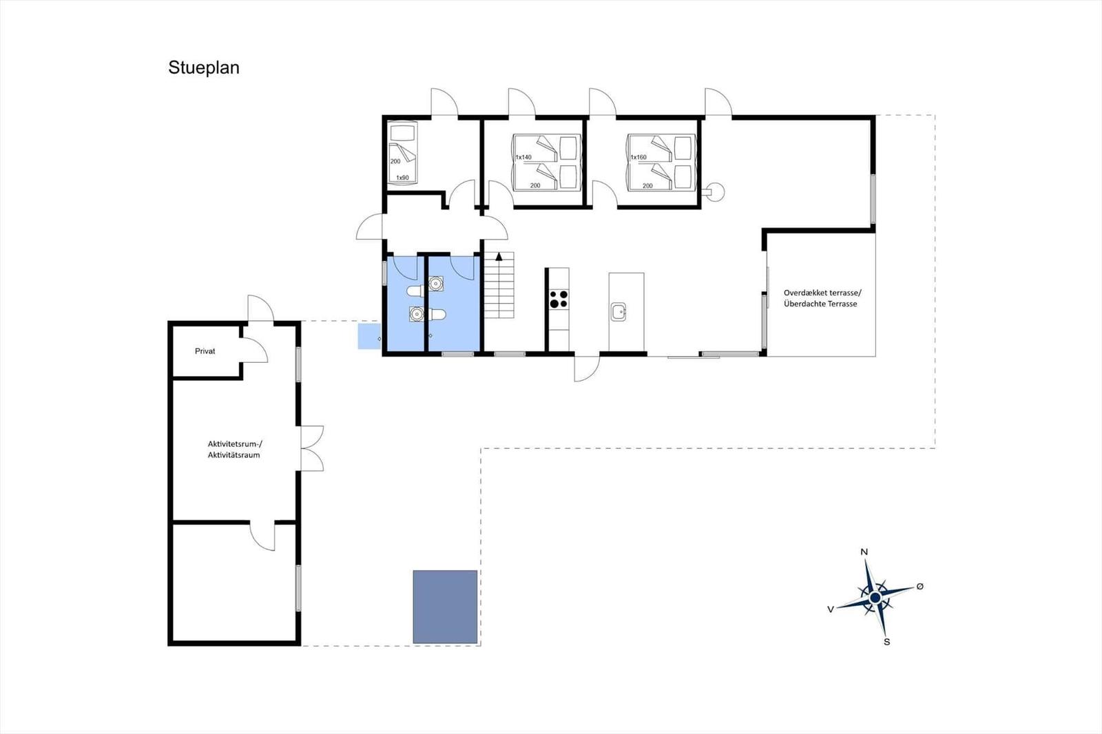 Stueplan zeigt drei Schlafzimmer, Küche, Bad und überdachte Terrasse.