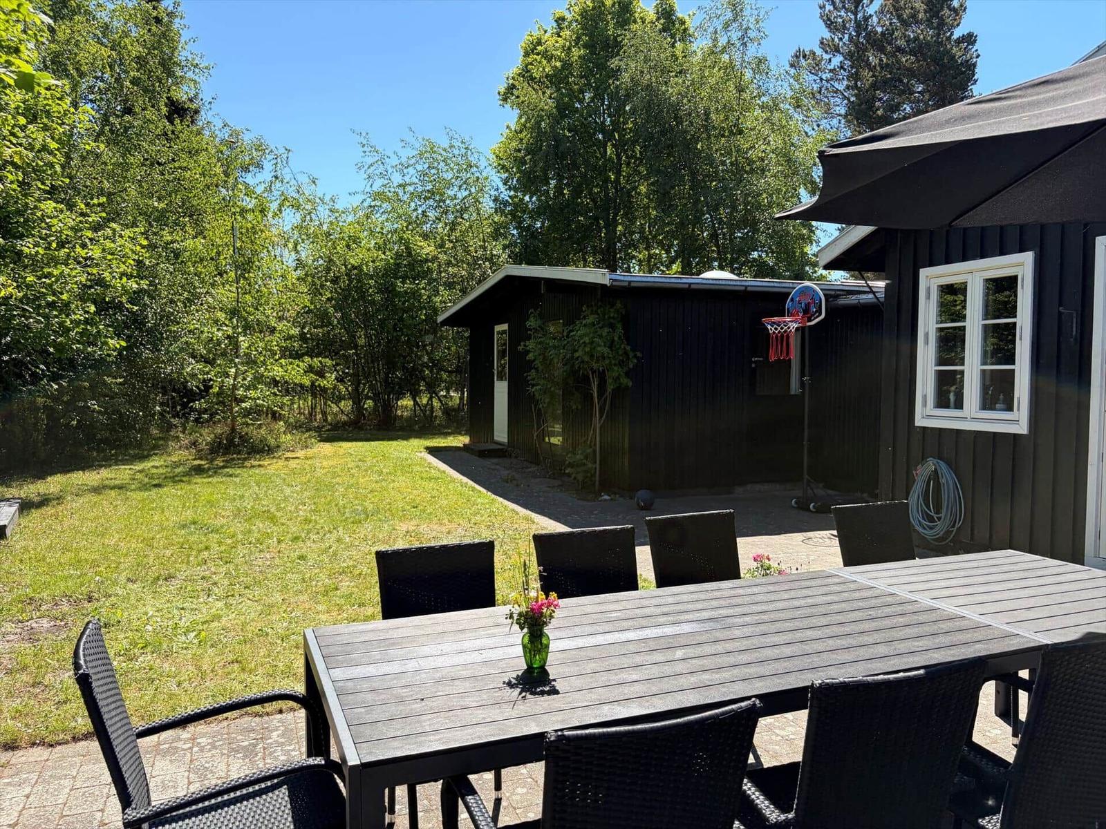 Außenbereich mit Tisch, Stühlen und Grillplatz. Hintergrund: Holzhaus und Grünfläche.