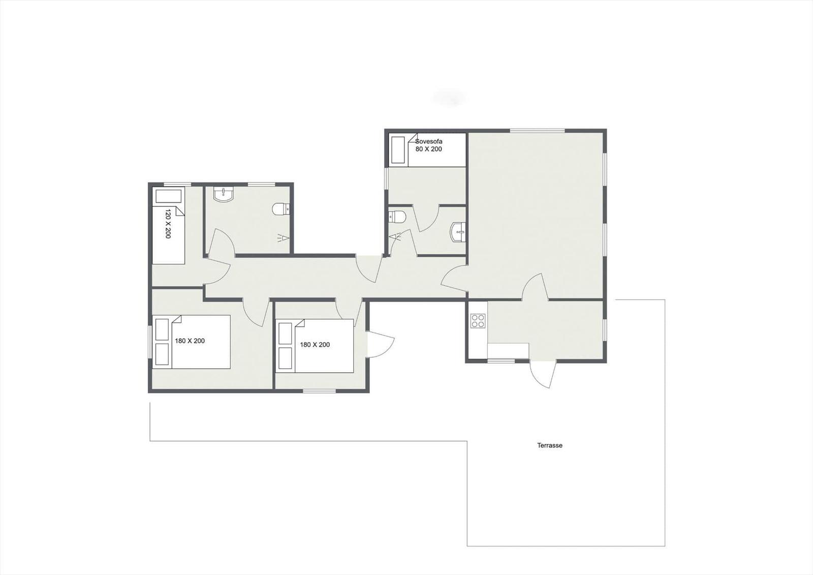 Wohnung mit drei Schlafzimmern, Küche und Terrasse. Flur mit Bad und WC.