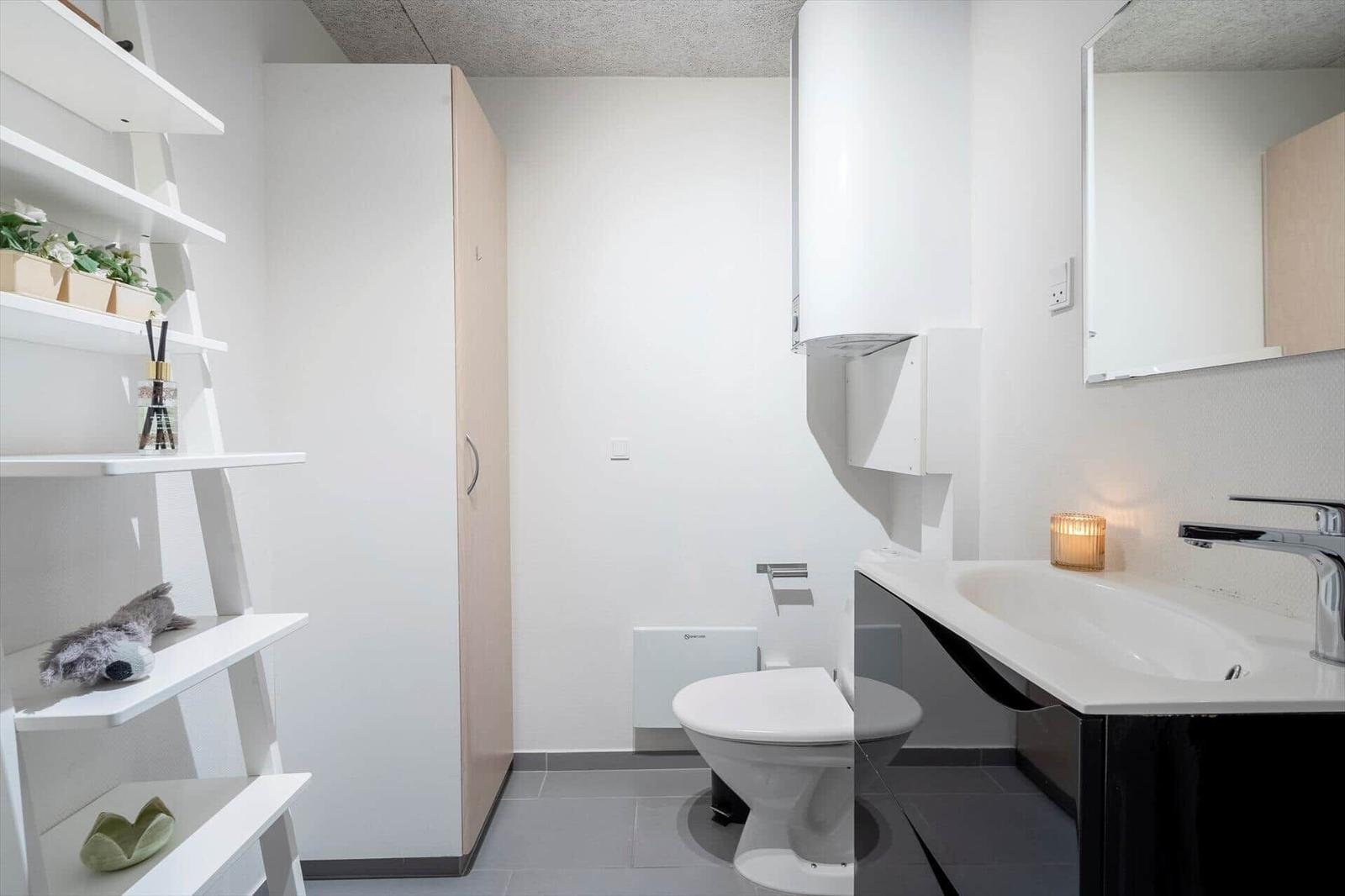 Badezimmer mit Toilette, Waschbecken und Regal. Weiße Wände und grauer Boden.