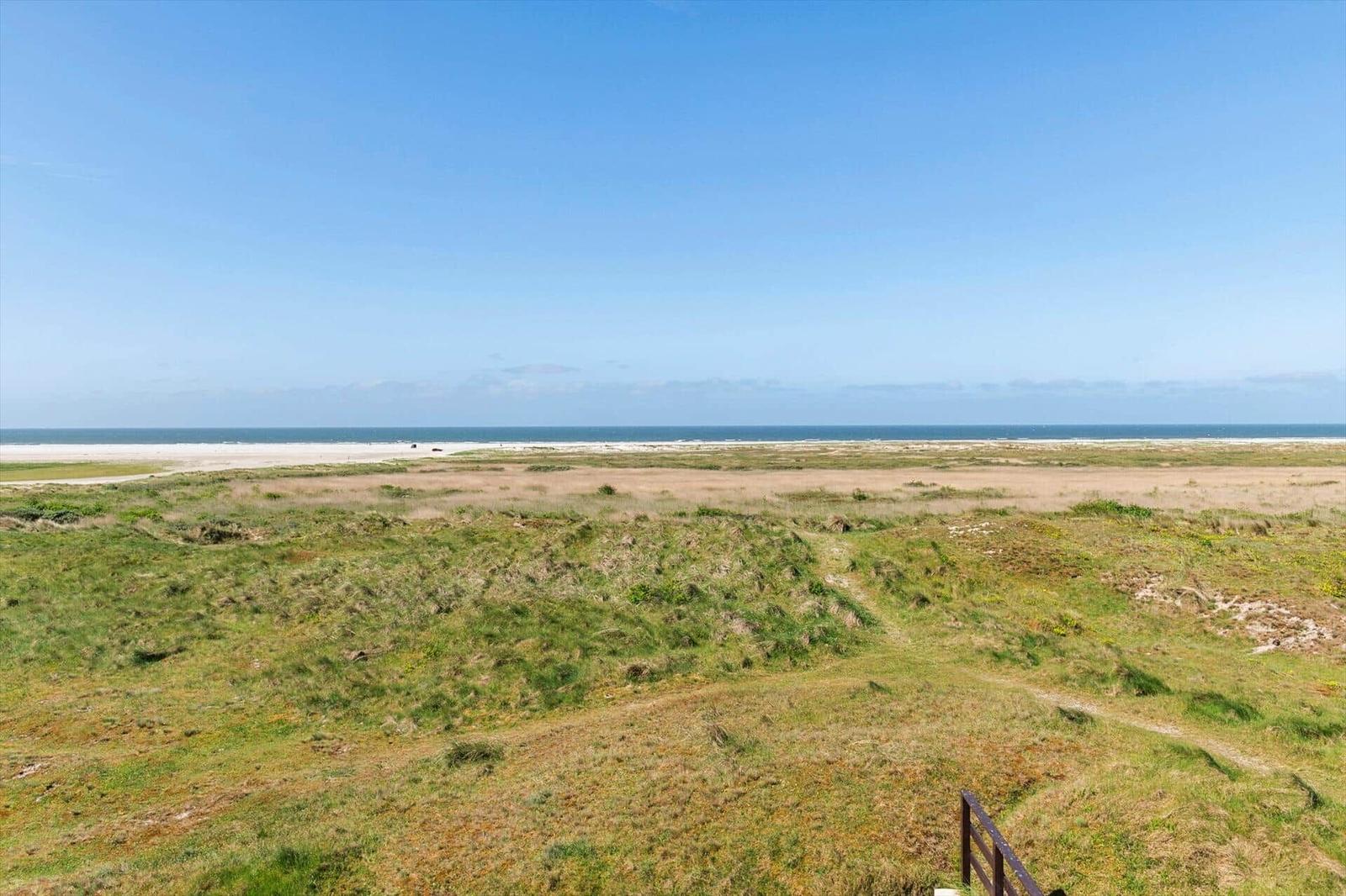 Weitläufiger Blick auf Strand und Meer mit grasbewachsenen Dünen im Vordergrund.