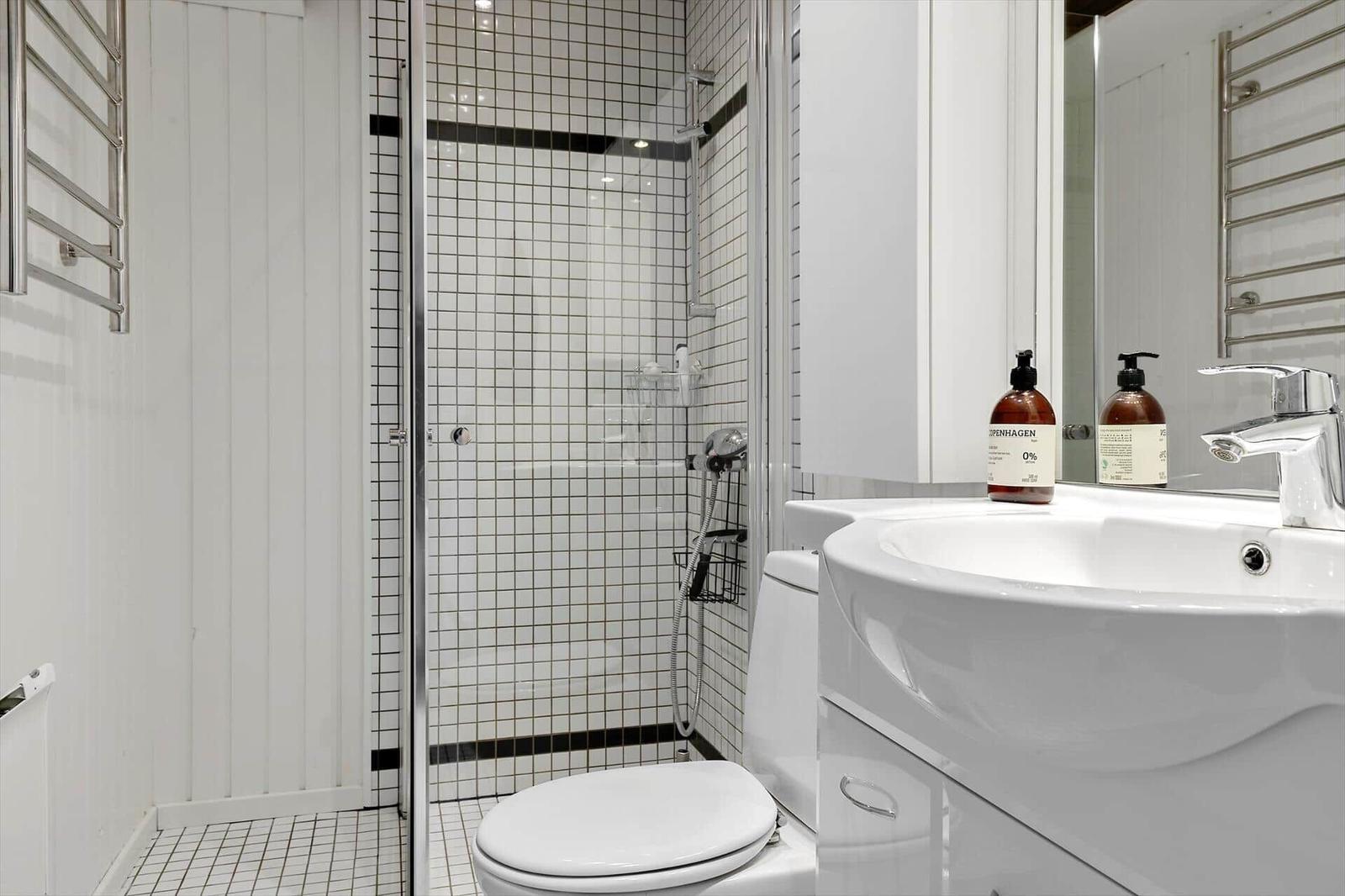 Bathroom with shower, toilet, and sink with mirror