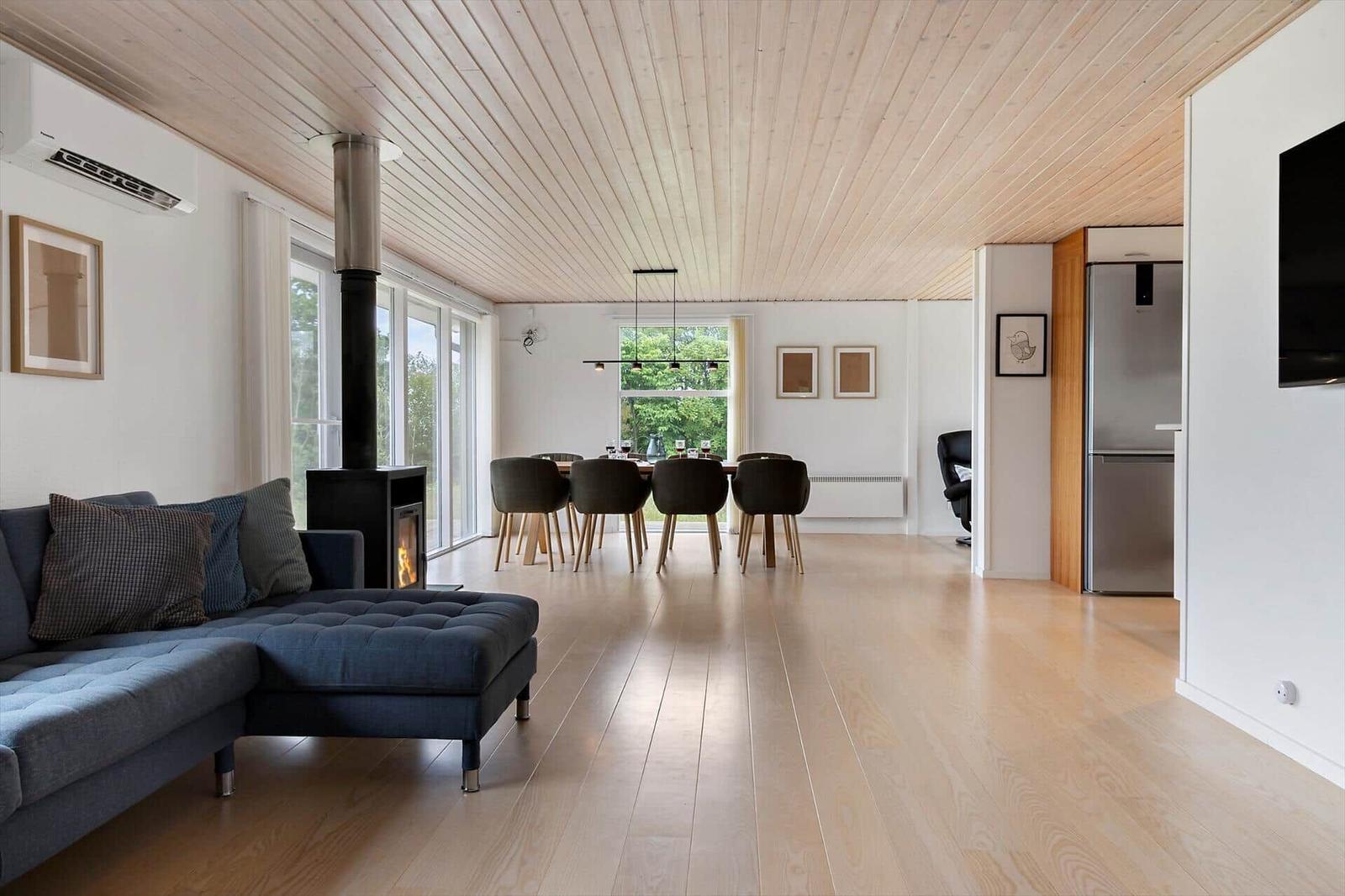Living and dining area with wooden ceiling, sofa, dining table, and fireplace.
