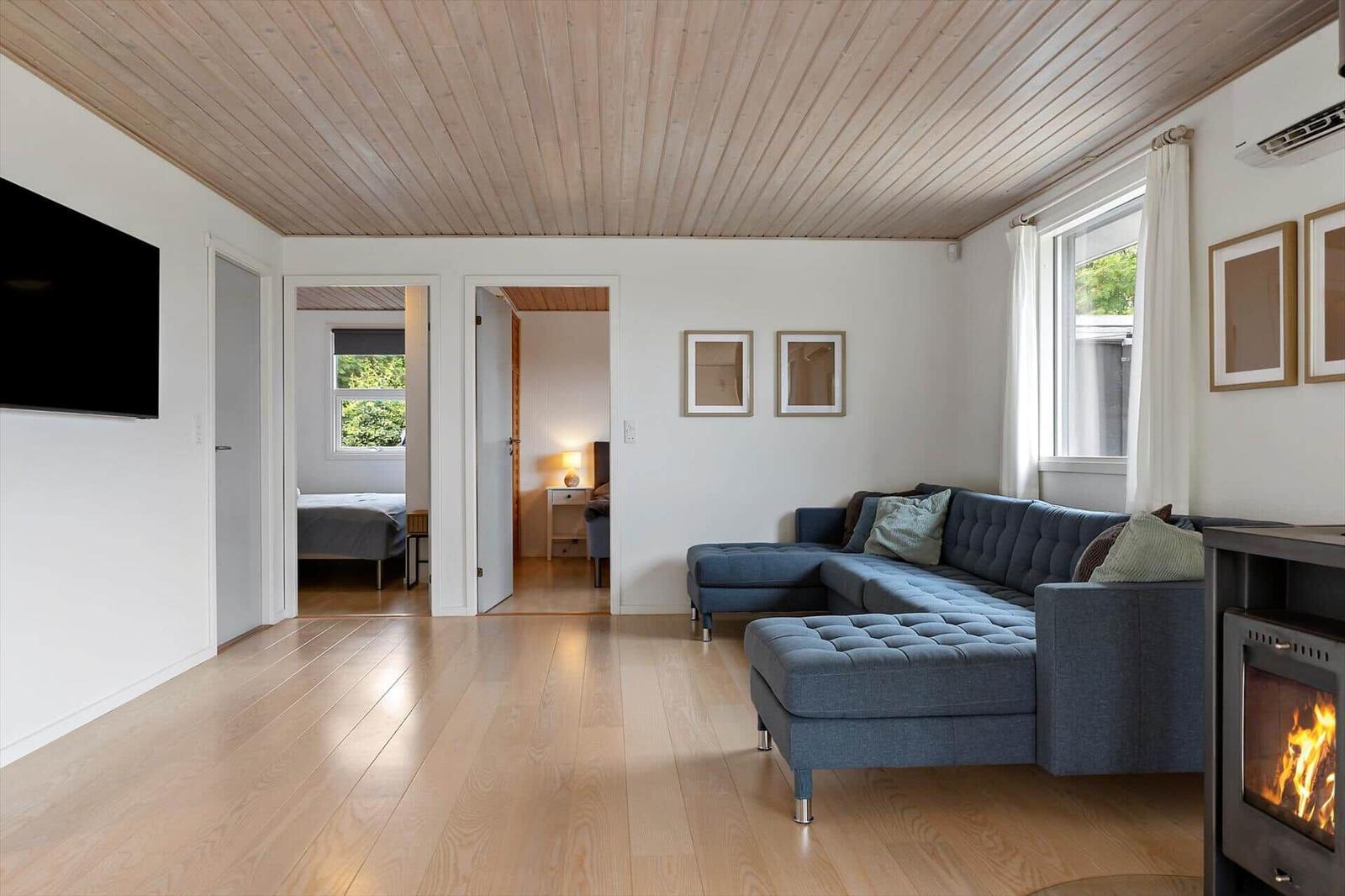 Living room with sofa, fireplace, and view into bedroom and living area.