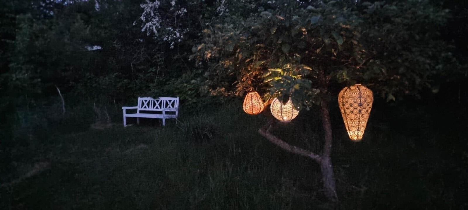 Eine weiße Bank steht im Garten unter Bäumen mit hängenden Lampen.