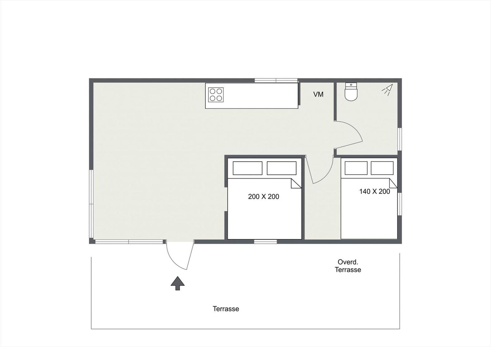 Wohnung mit zwei Schlafzimmern, Küche und Terrasse.