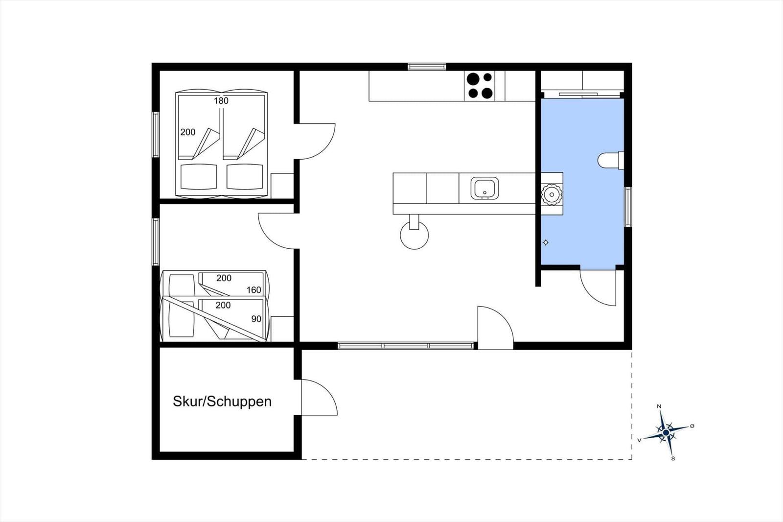 Wohnung mit Küche, Bad und zwei Schlafzimmern. Skur/Schuppen vorhanden.