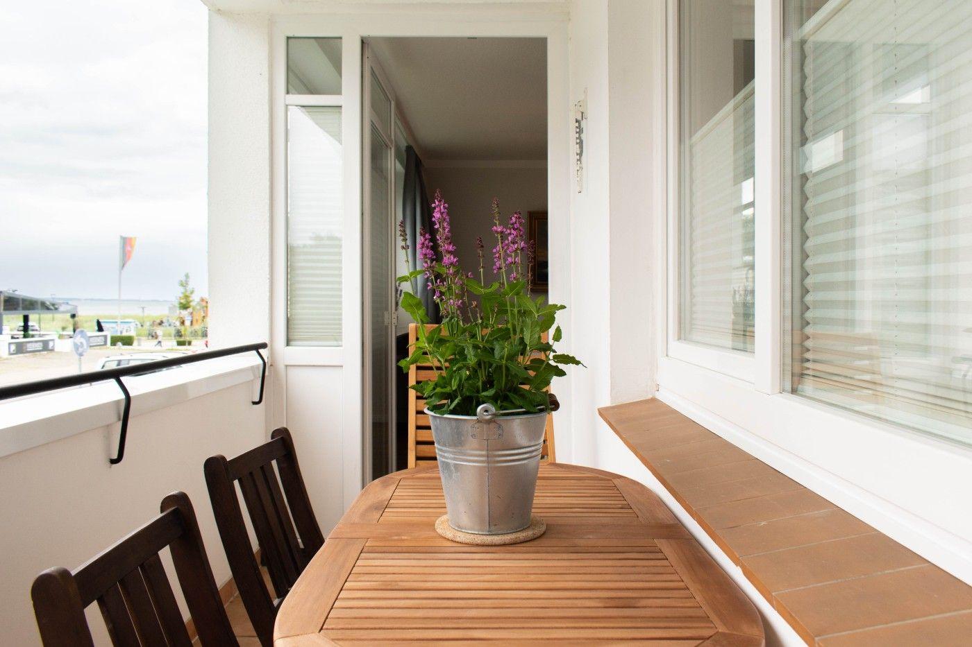Terrasse mit Holztisch, Stühlen und Pflanze in Metalltopf. Blick auf Außenbereich.